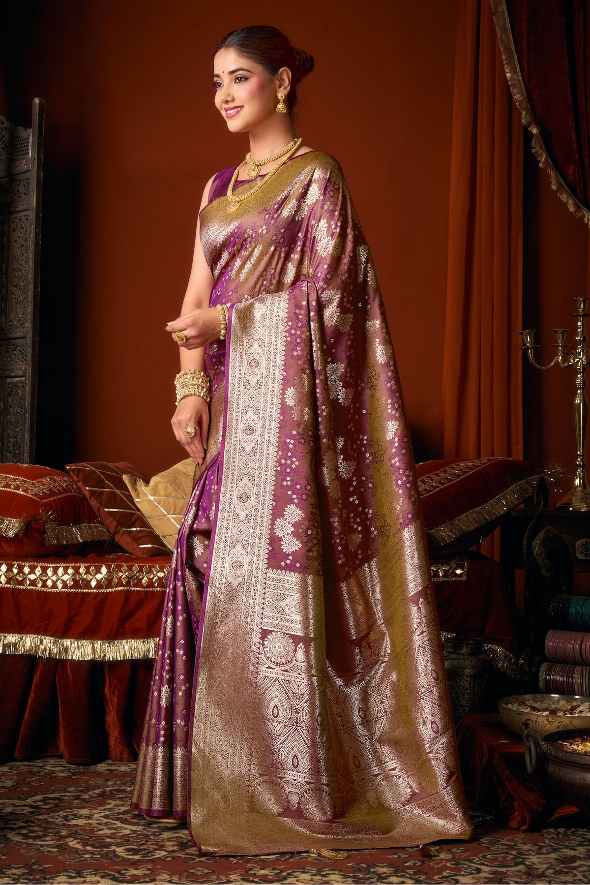 Buy MySilkLove Lipstick Purple Woven Banarasi Jacquard Soft Silk Saree Online