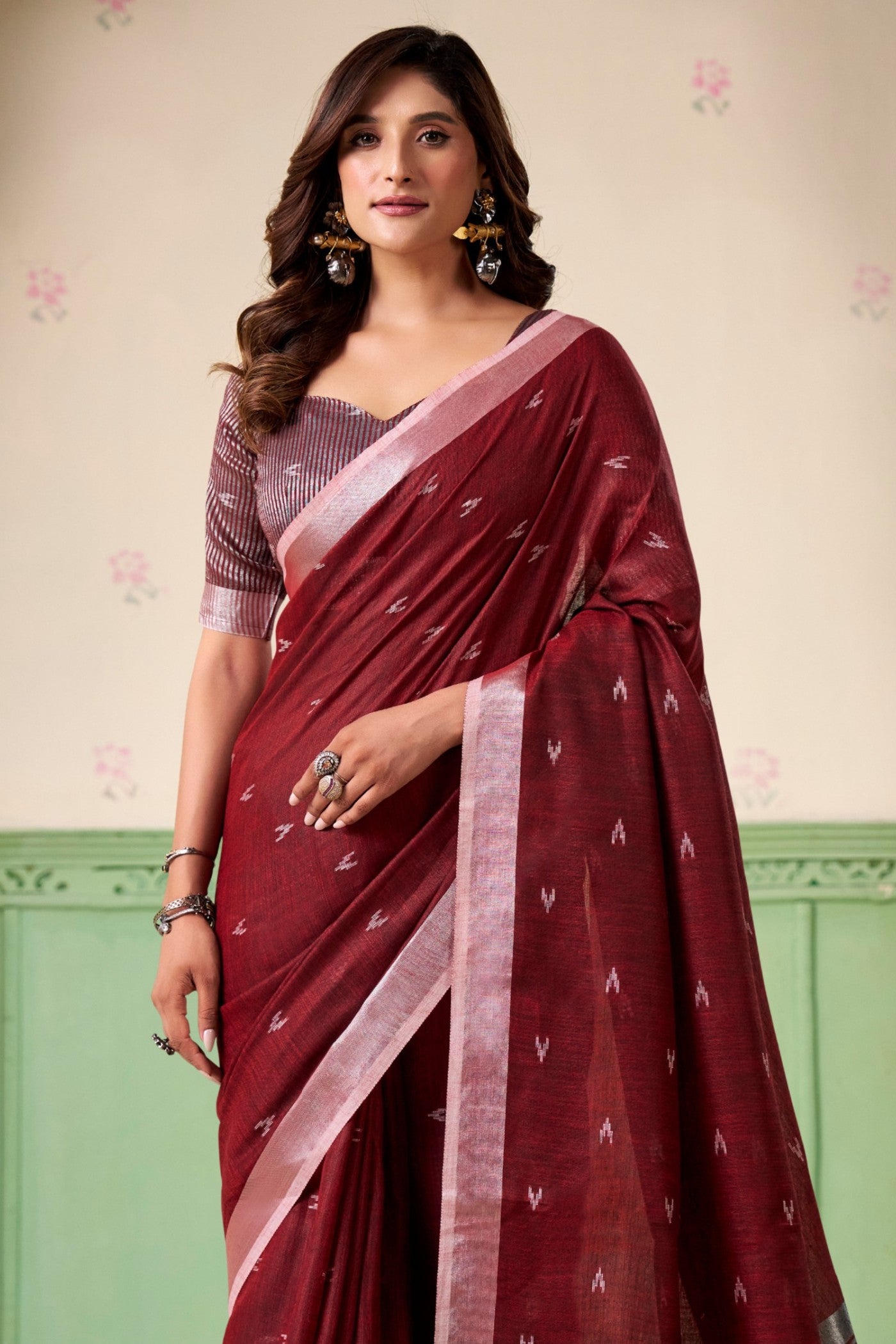 Buy MySilkLove Rosewood Maroon Woven Linen Saree Online
