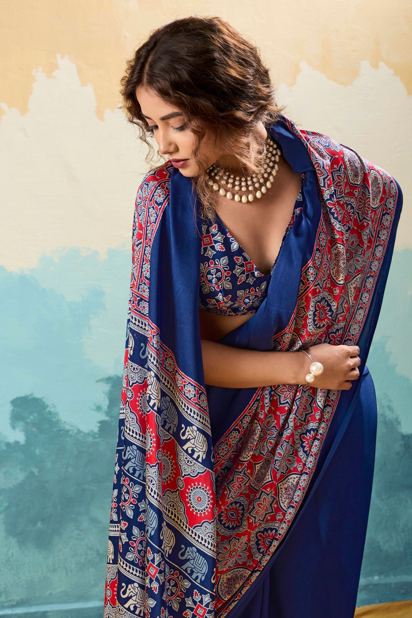 Buy MySilkLove Cloudy Blue Modal Ajrakh Satin Printed Silk Saree Online