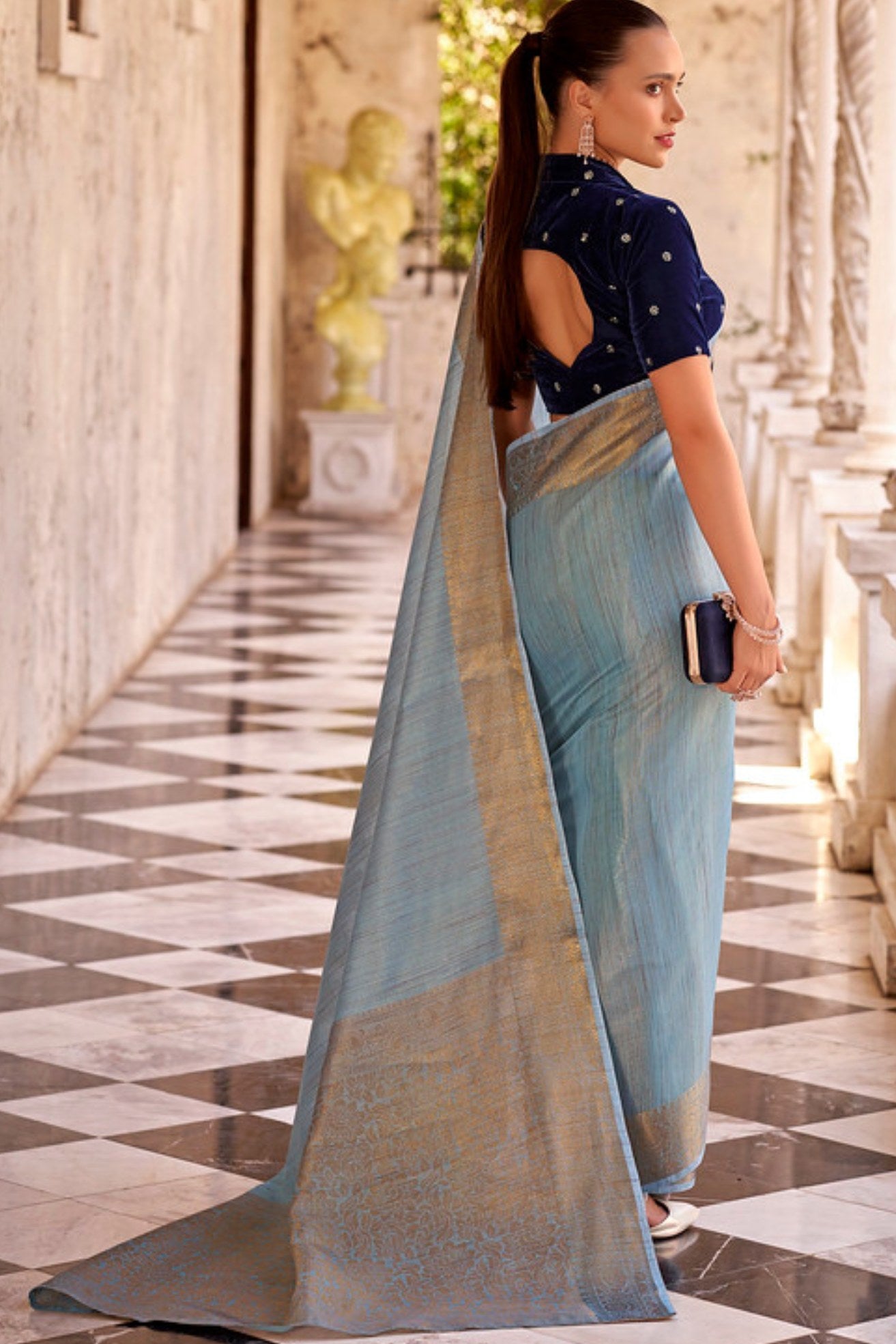 Buy MySilkLove Pale Sky Blue Zari Woven Linen Saree Online