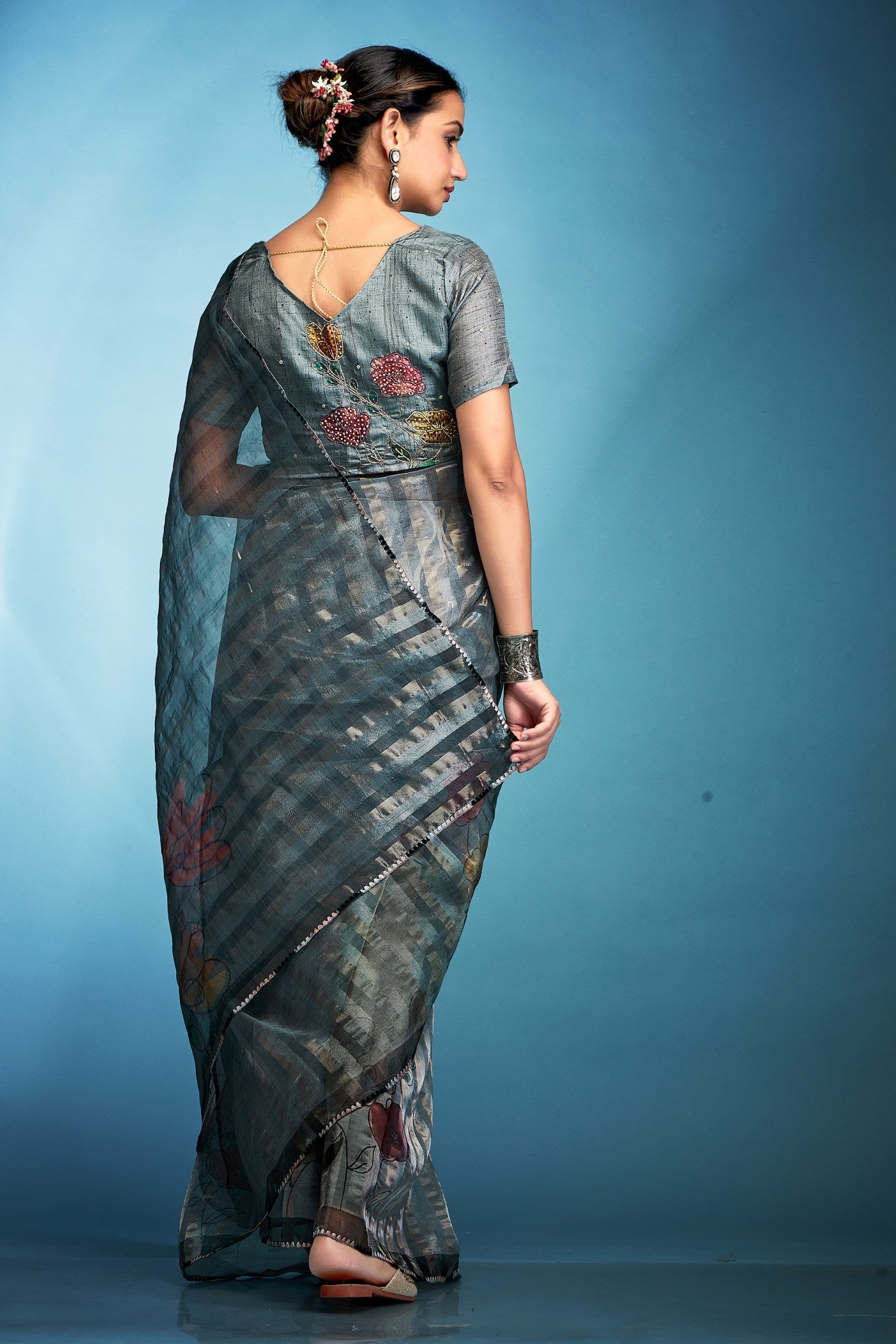 Buy MySilkLove Cloudy Grey Printed Tissue Saree Online