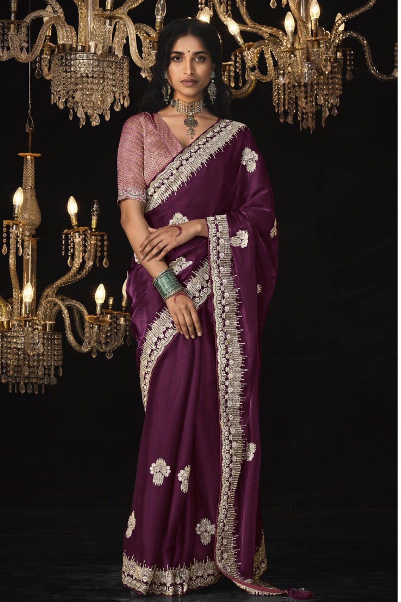 Buy MySilkLove Boysenberry Purple Tissue Embroidered Designer Saree Online