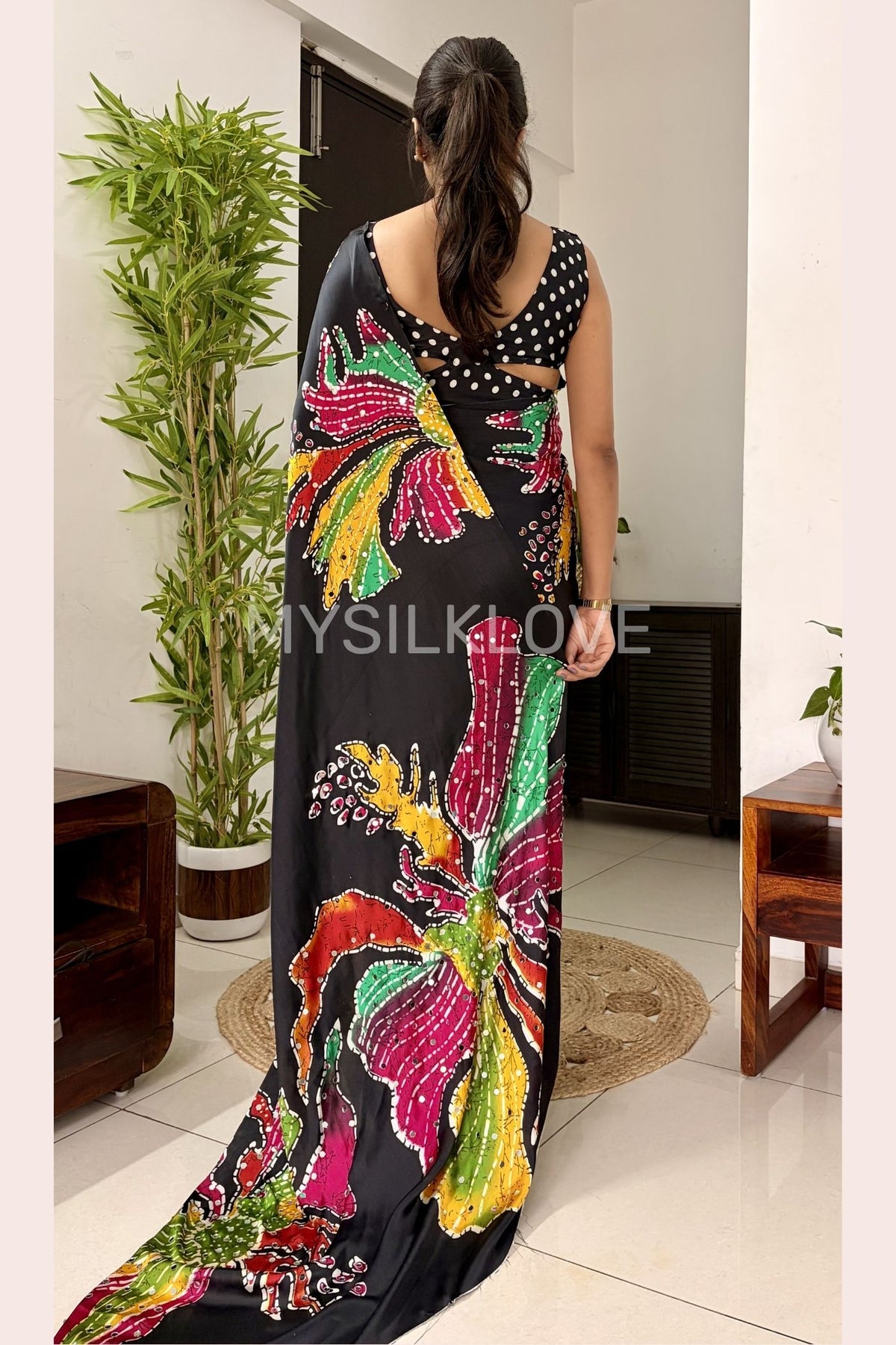 Buy MySilkLove Midnight Black Bloom Floral Partywear Satin Silk Saree Online