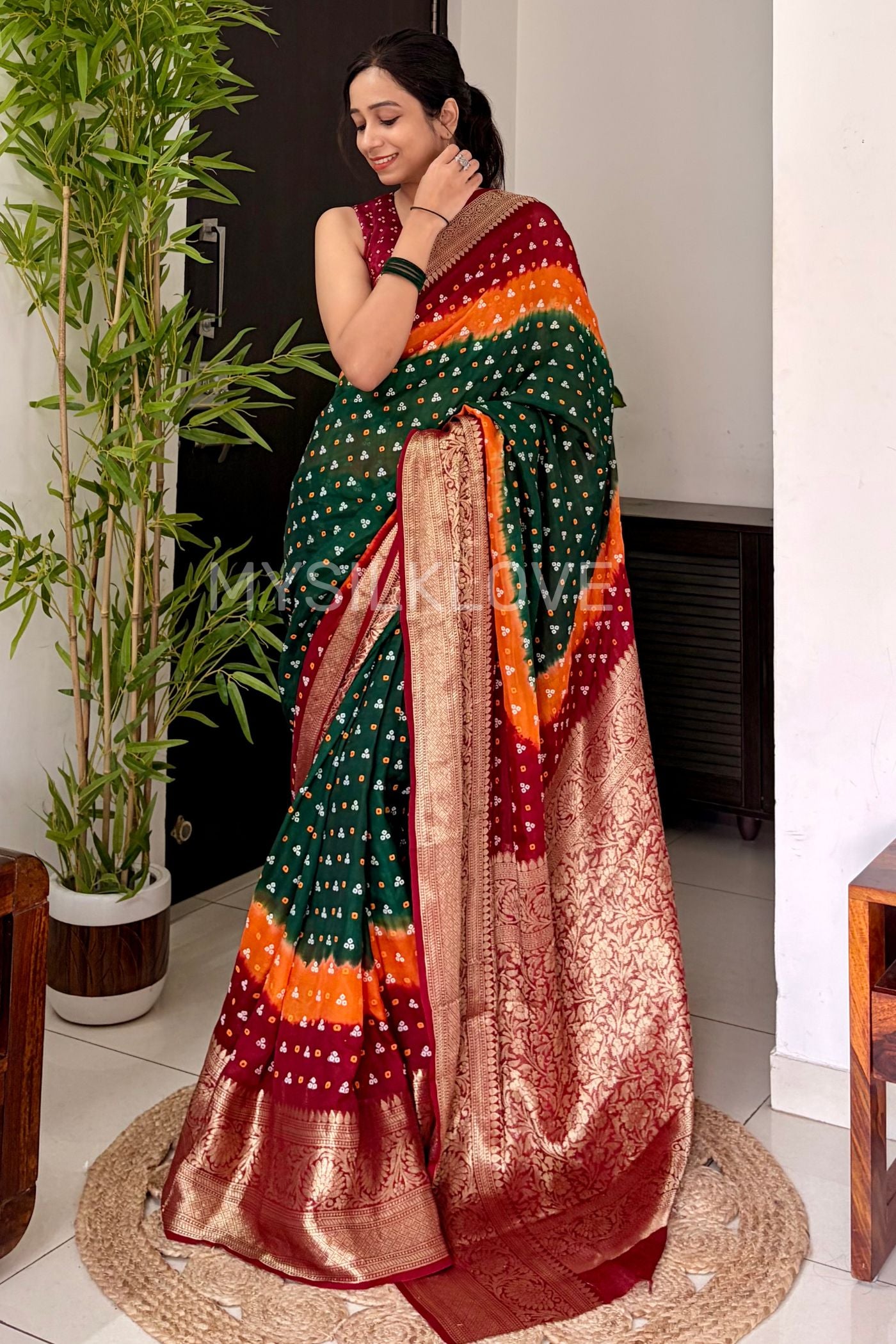Buy MySilkLove Hunter Green and Orange Bandhani Zari Woven Silk Saree Online
