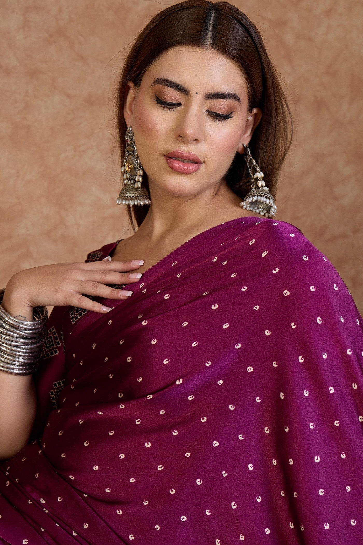 MySilkLove Petunia Purple Ajrakh Printed Satin Crepe Silk Saree