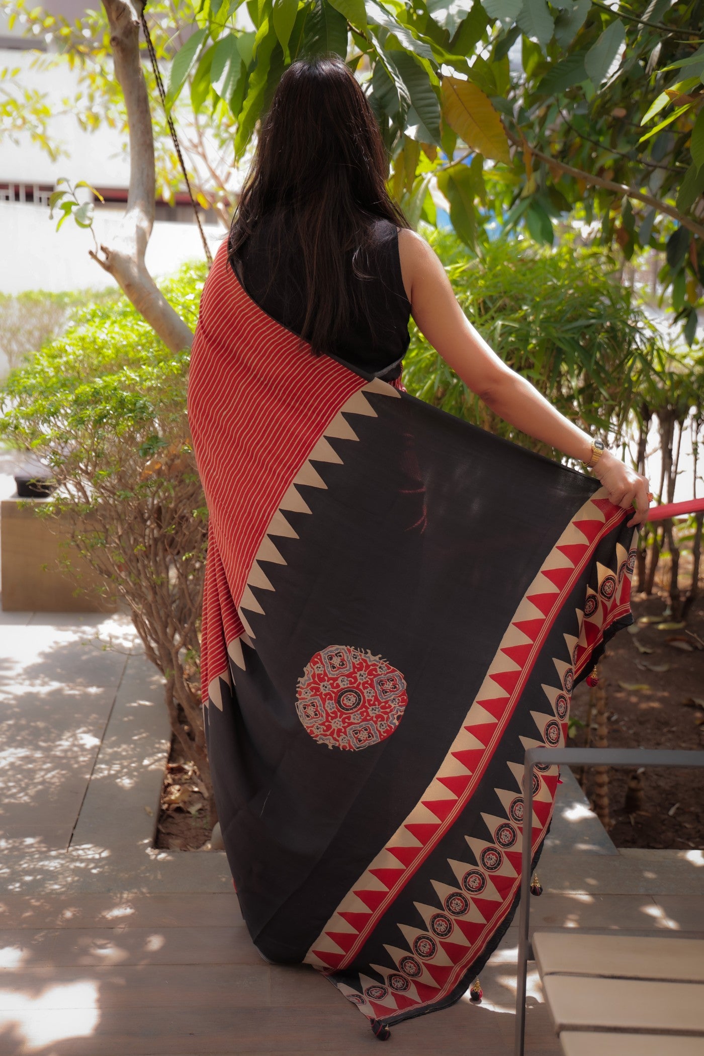 Buy MySilkLove Dark Chestnut Red Ajrakh Printed Satin Crepe Silk Saree Online
