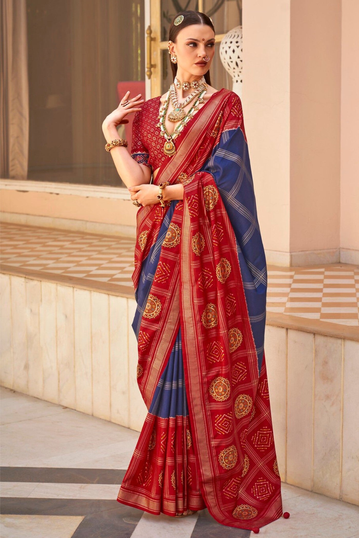 Buy MySilkLove Water Blue and Red Printed Patola Saree Online