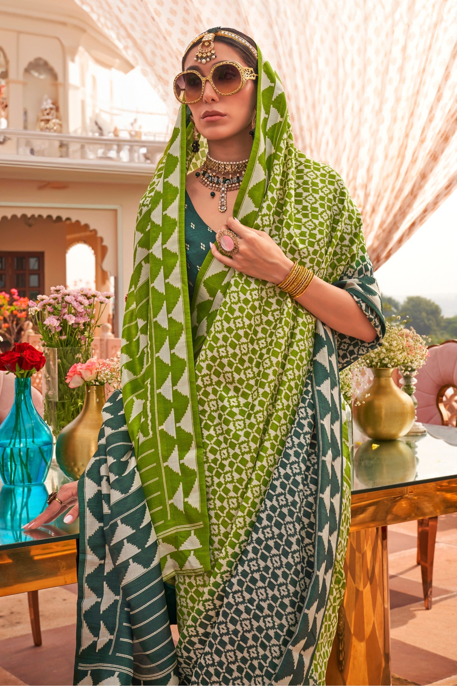 Buy MySilkLove Lime Olive Green Printed Patola Saree Online