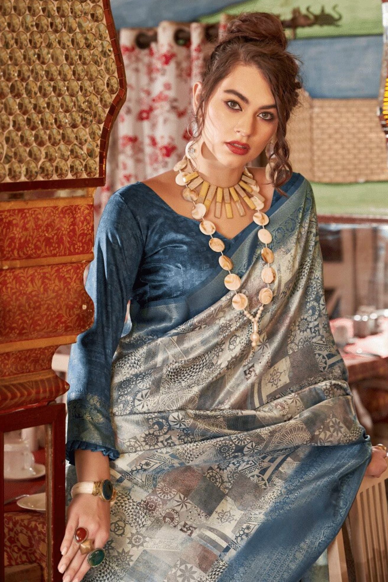 MySilkLove Pablo Grey Banarasi Digital Printed Saree