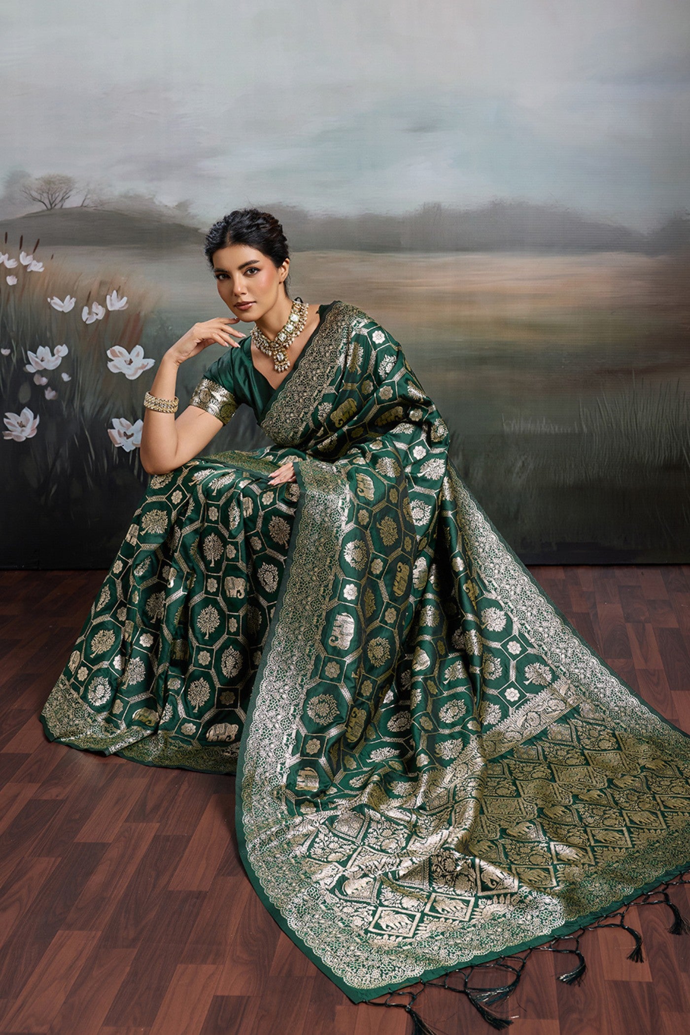 Buy MySilkLove Bottle Green Woven Banarasi Soft Silk Saree Online