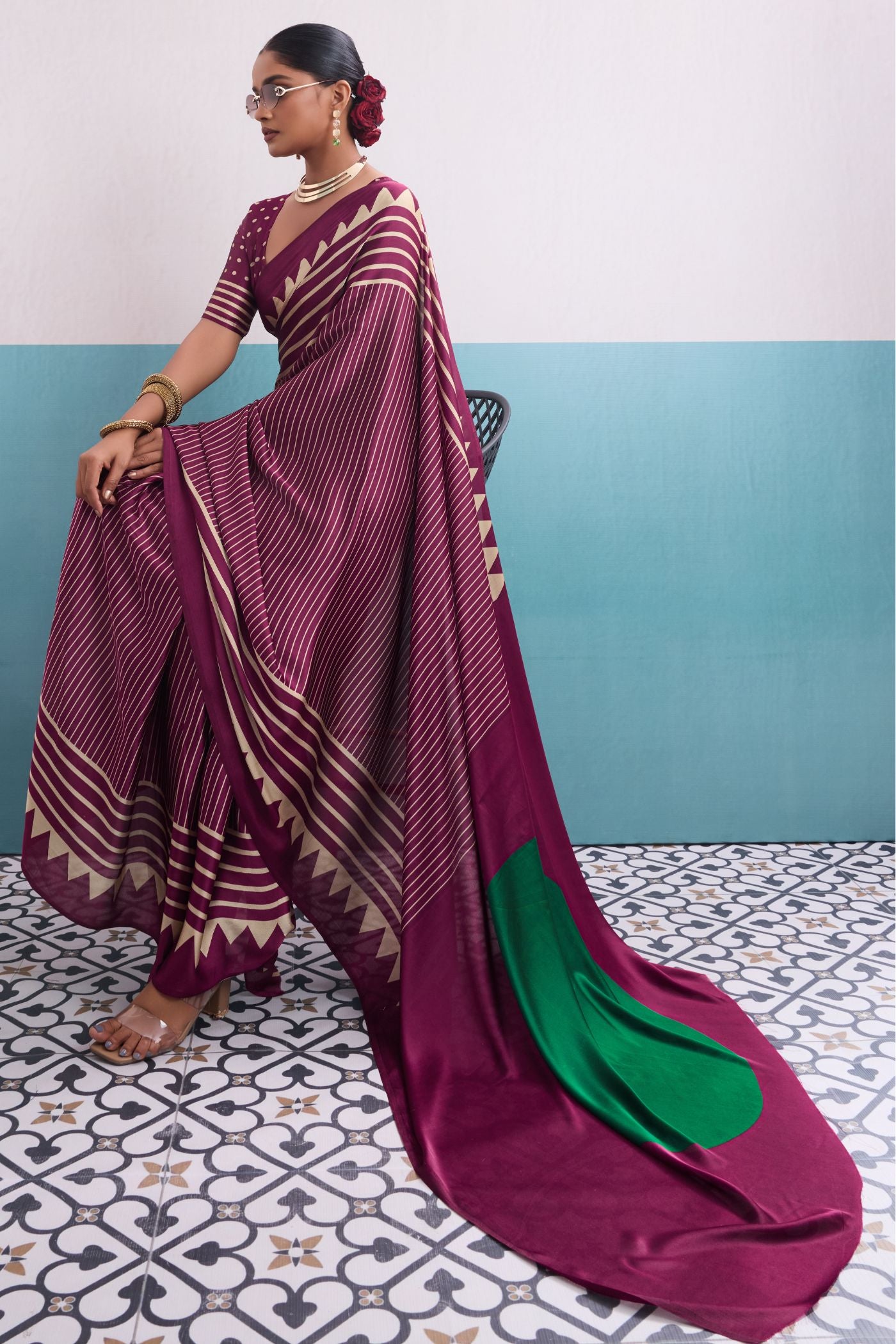 MySilkLove Mulberry Purple Stripe Ajrakh Printed Satin Crepe Silk Saree