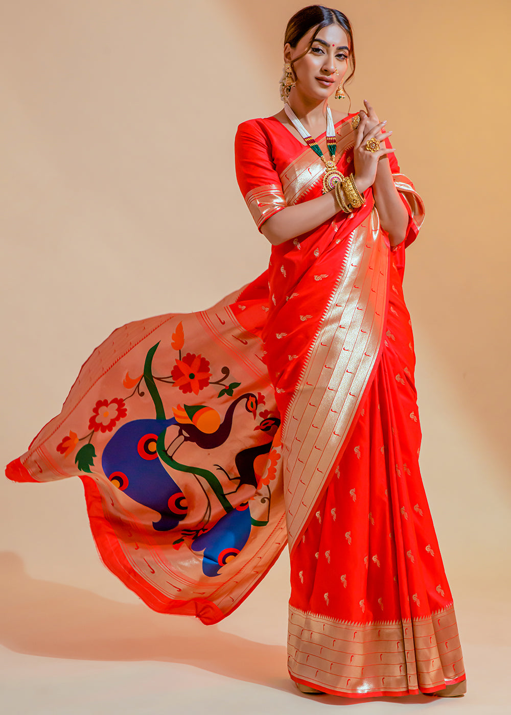 Buy MySilkLove Orange Red Woven Paithani Silk Saree Online