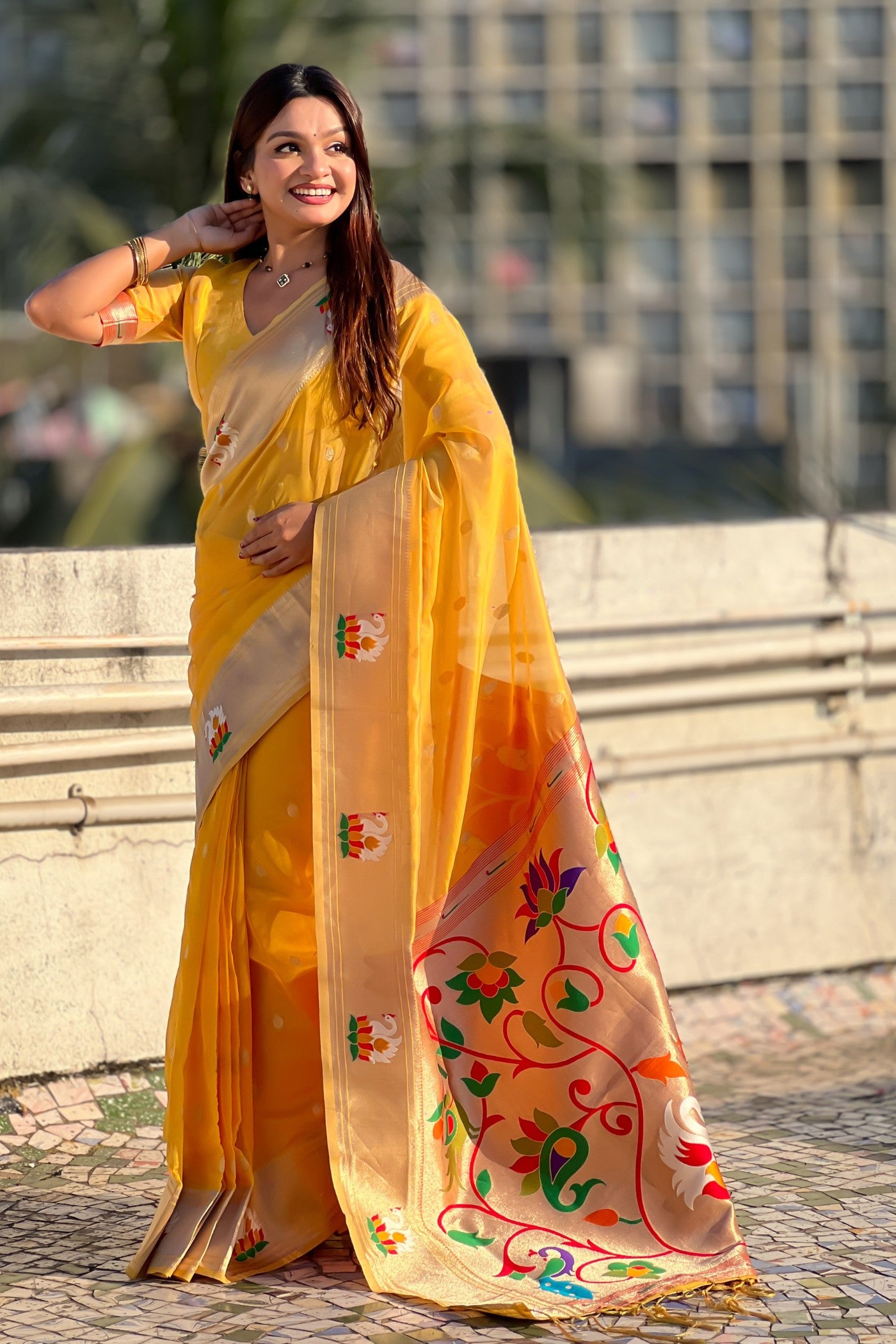 Buy MySilkLove Sunflower Yellow Organza Woven Paithani Saree Online