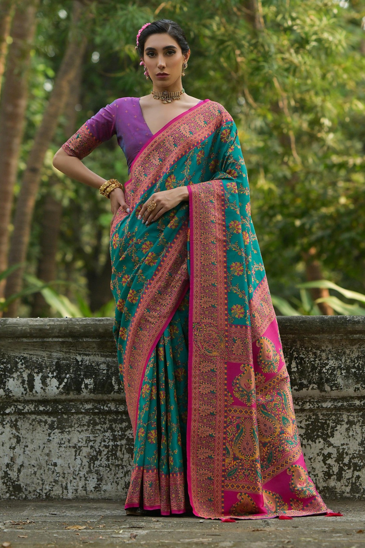 Buy MySilkLove Mountain Meadow Blue Woven Pashmina Silk Saree Online