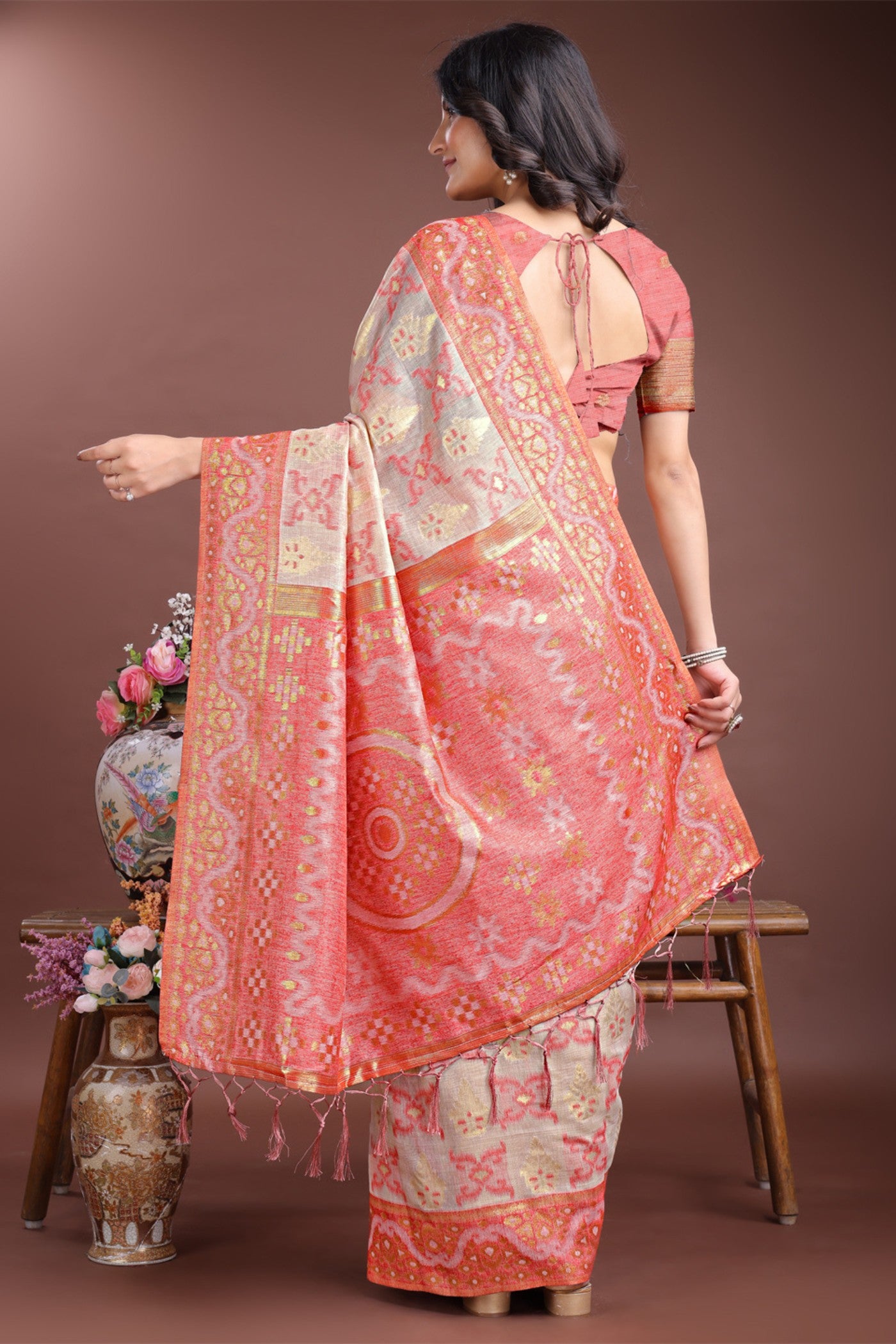 Buy MySilkLove Coral Peach Linen Cotton Saree Online