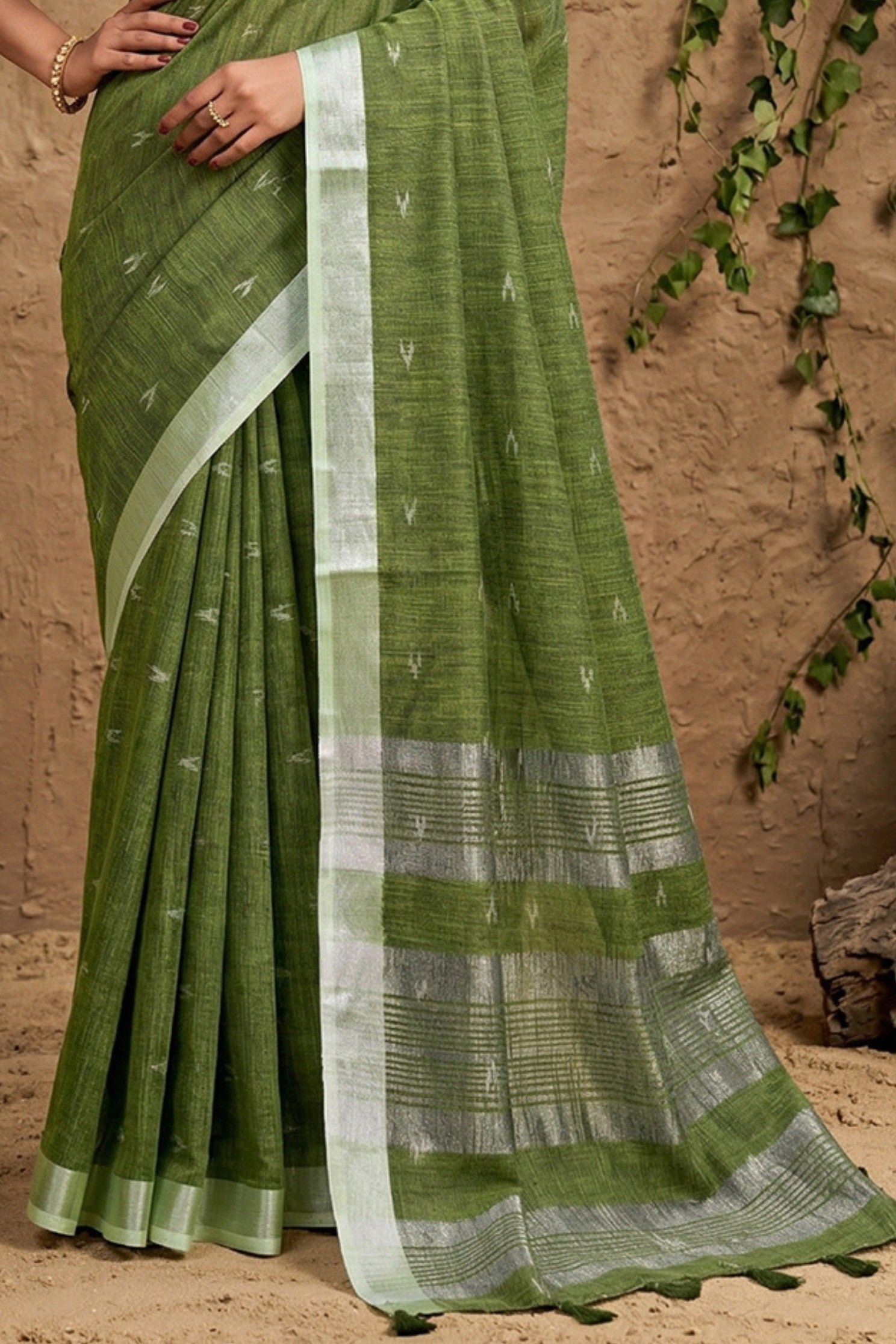Buy MySilkLove Fern Green Woven Linen Cotton Saree Online