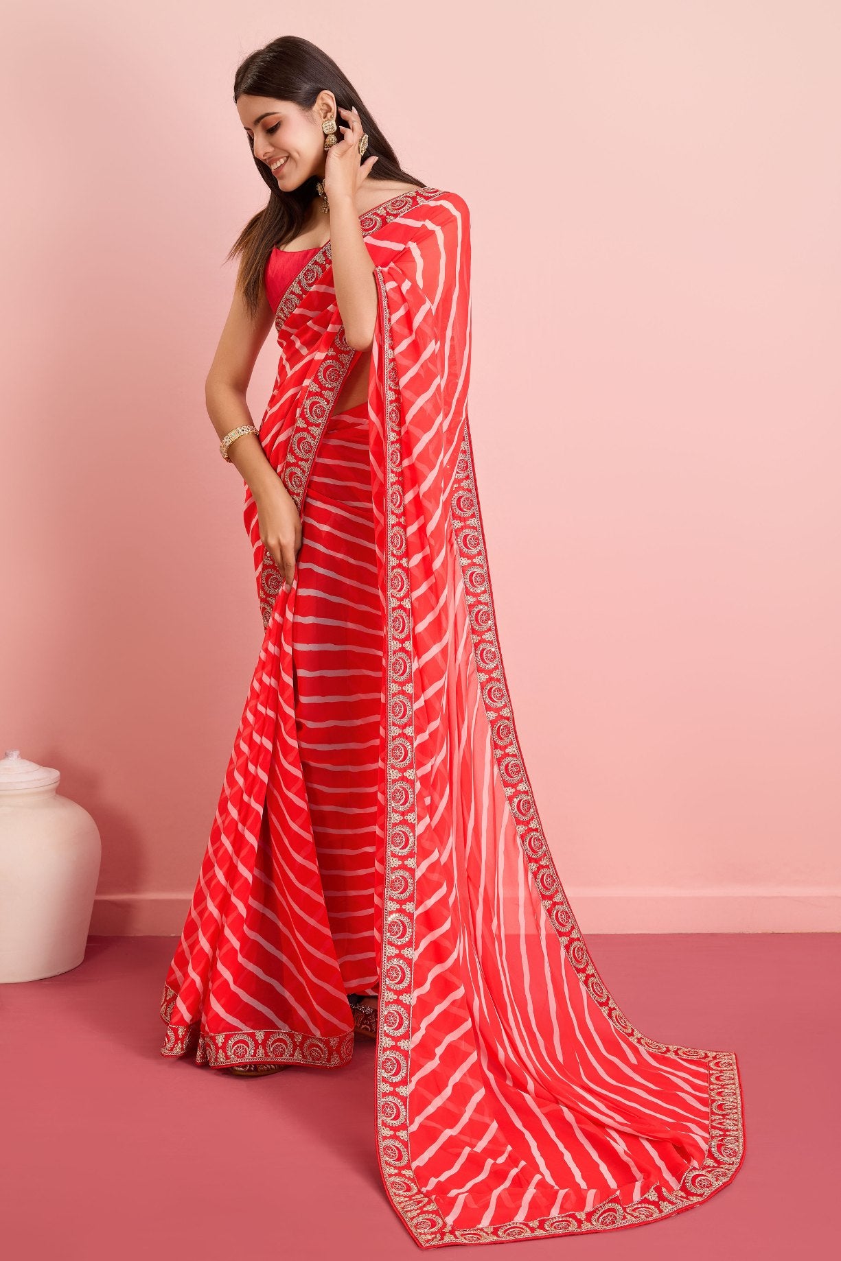 MySilkLove Monza Red Georgette Lehriya Silk saree