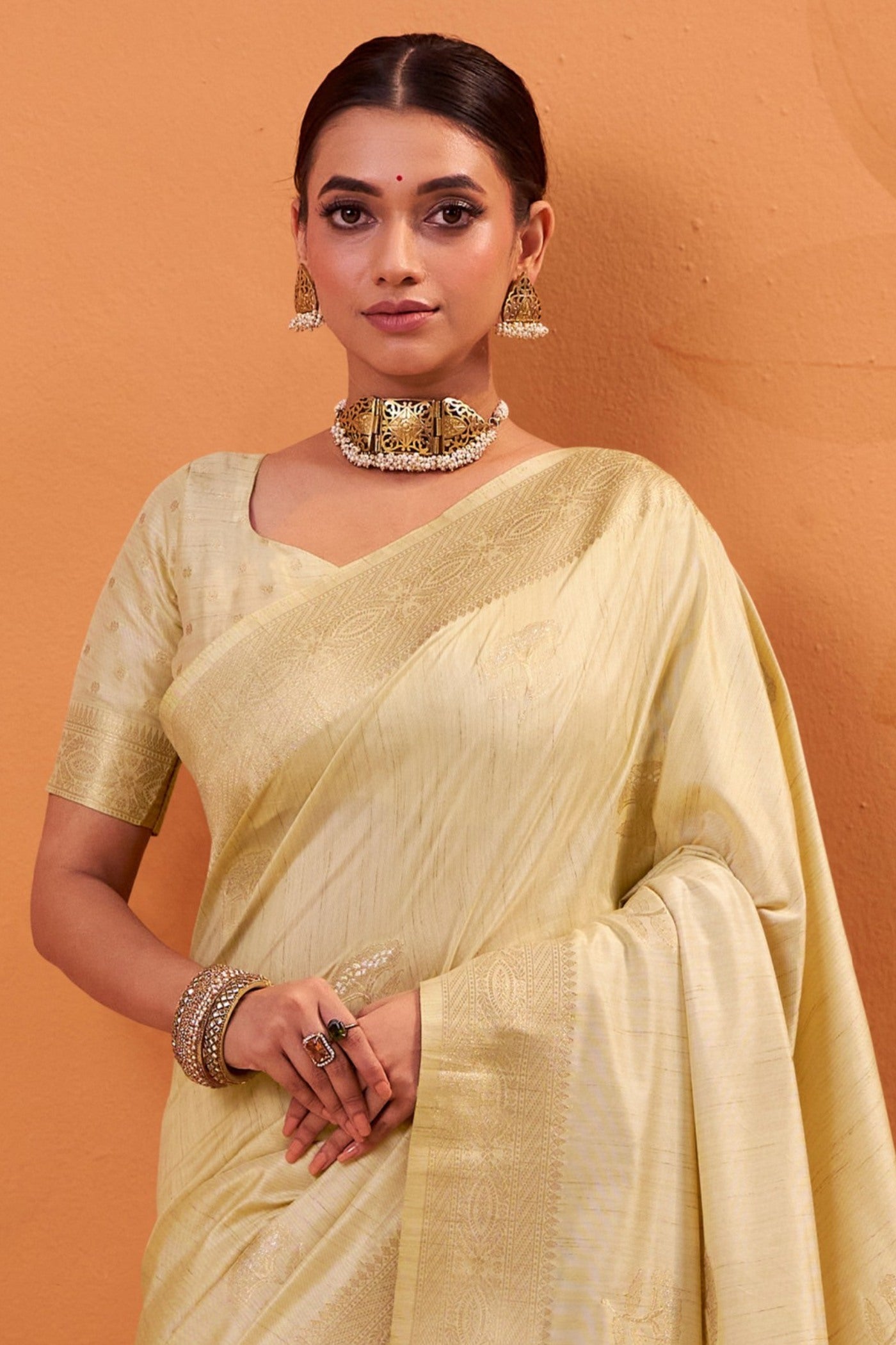 Buy MySilkLove Coconut Cream Tussar Handloom Silk Saree Online