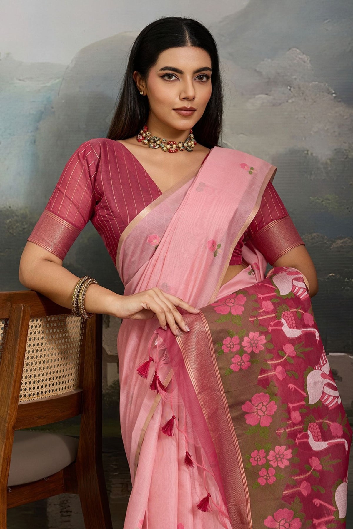 Buy MySilkLove Tulip Blush Pink Cotton Handloom Swan Saree Online