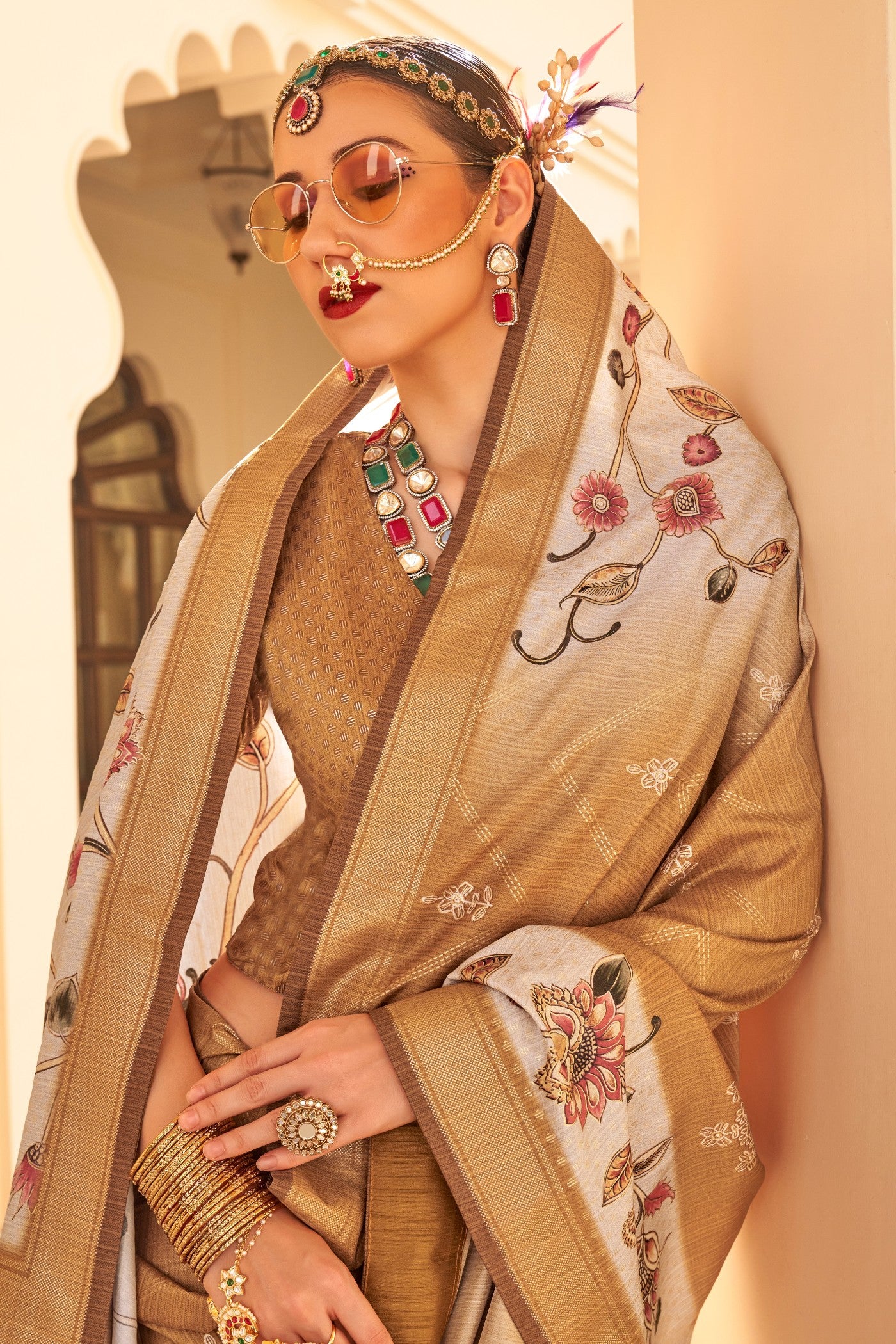 Buy MySilkLove Rajah Brown Floral Printed Banarasi Saree Online