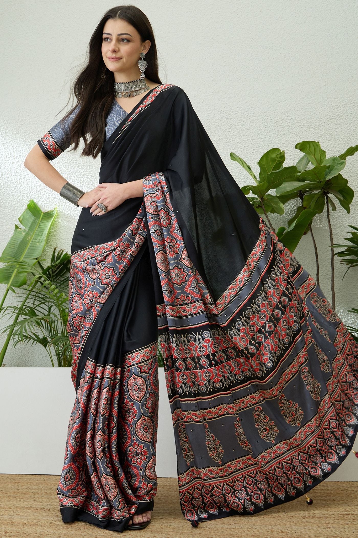 Buy MySilkLove Obsidian Black and Grey Modal Ajrakh Satin Printed Silk Saree Online