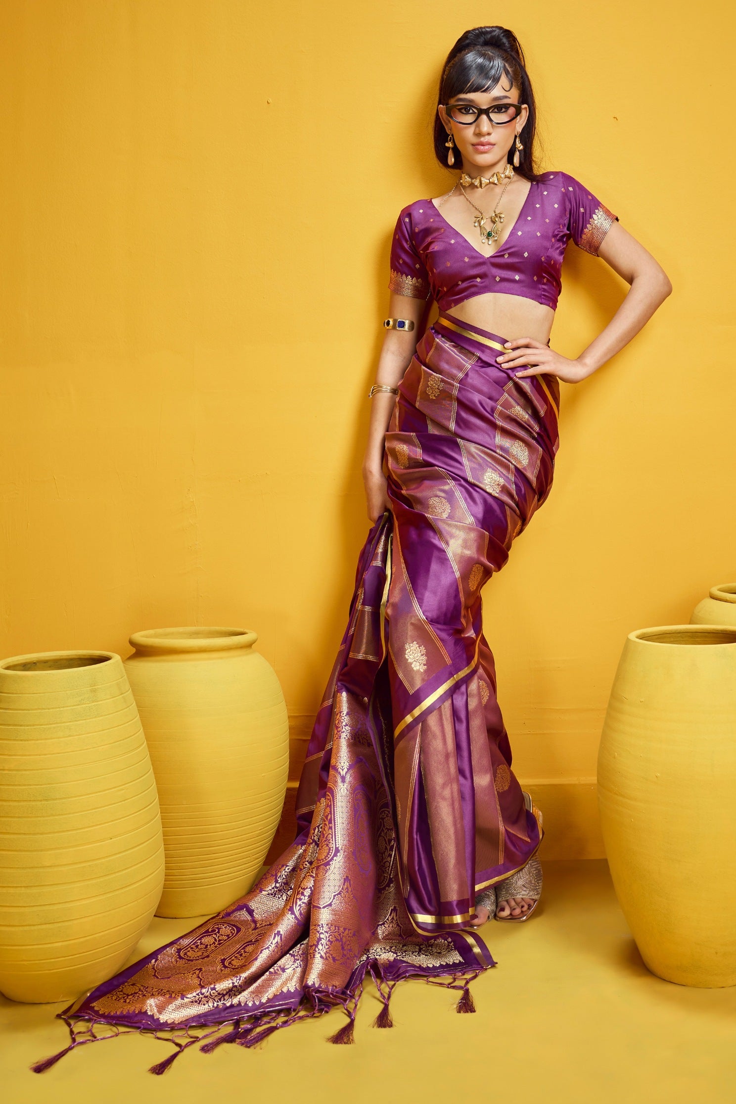 MySilkLove Cosmos Purple Banarasi Handloom Satin Silk Saree