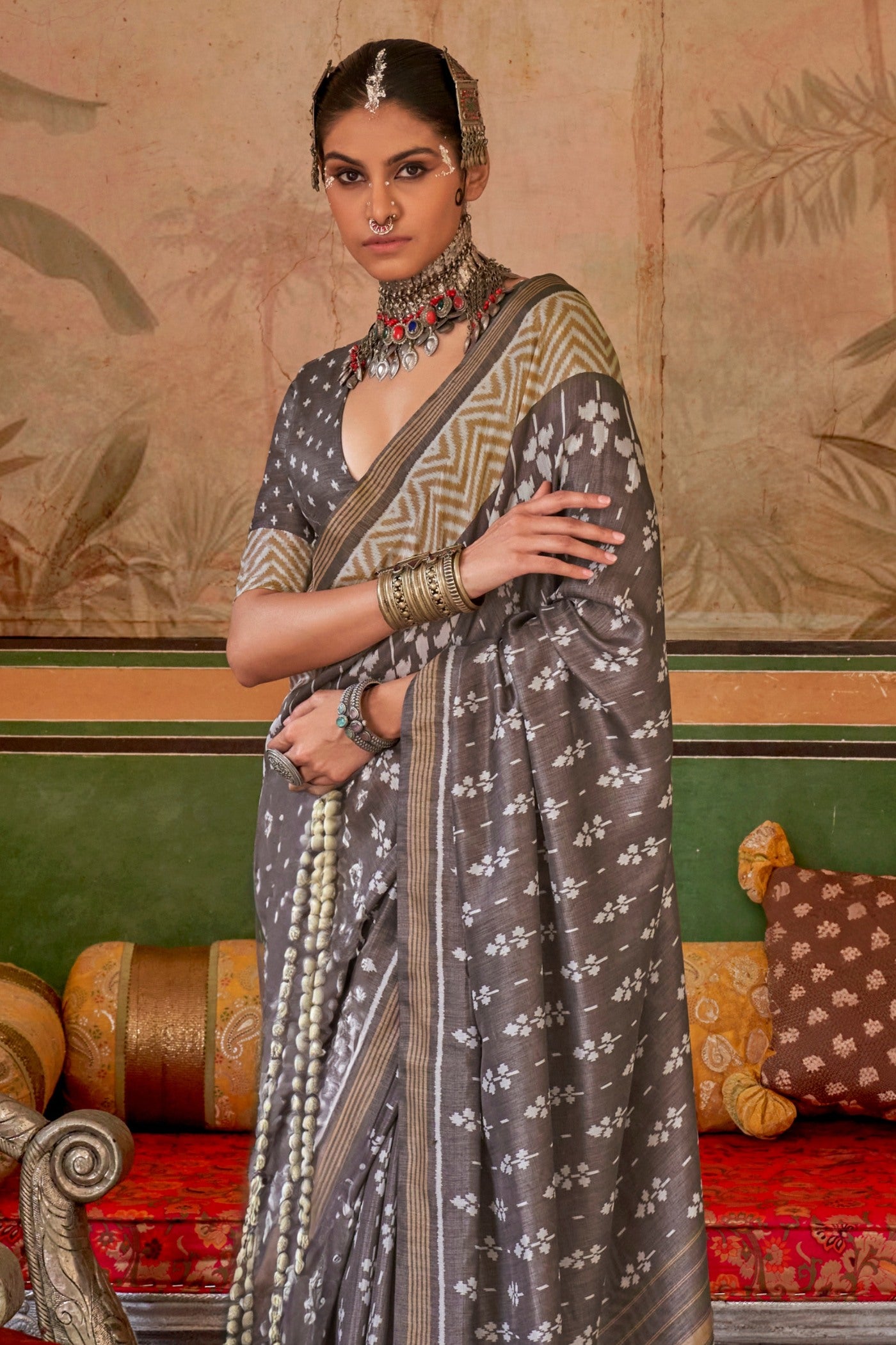 Buy MySilkLove Spicy Grey Printed Patola Saree Online