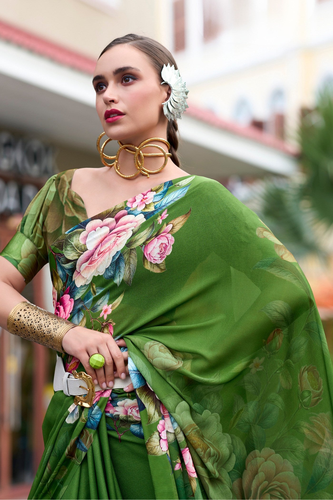 MySilkLove Fern Frond Green Printed Georgette Saree