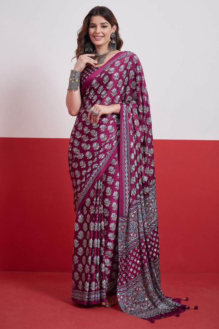 Buy MySilkLove Plum Purple Modal Ajrakh Satin Printed Mirror Work Saree Online