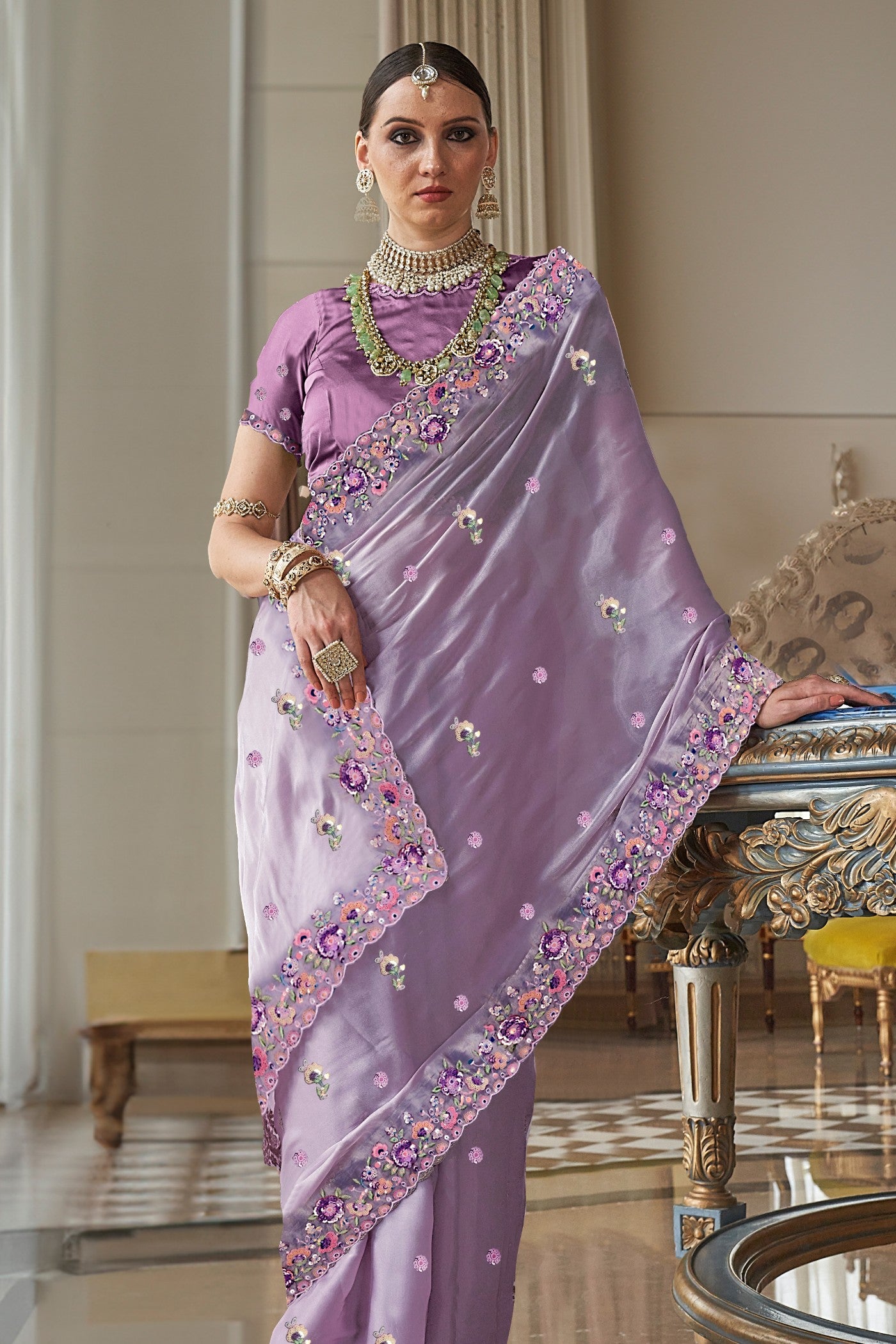 Buy MySilkLove Mountbatten Purple Tissue Designer Saree Online