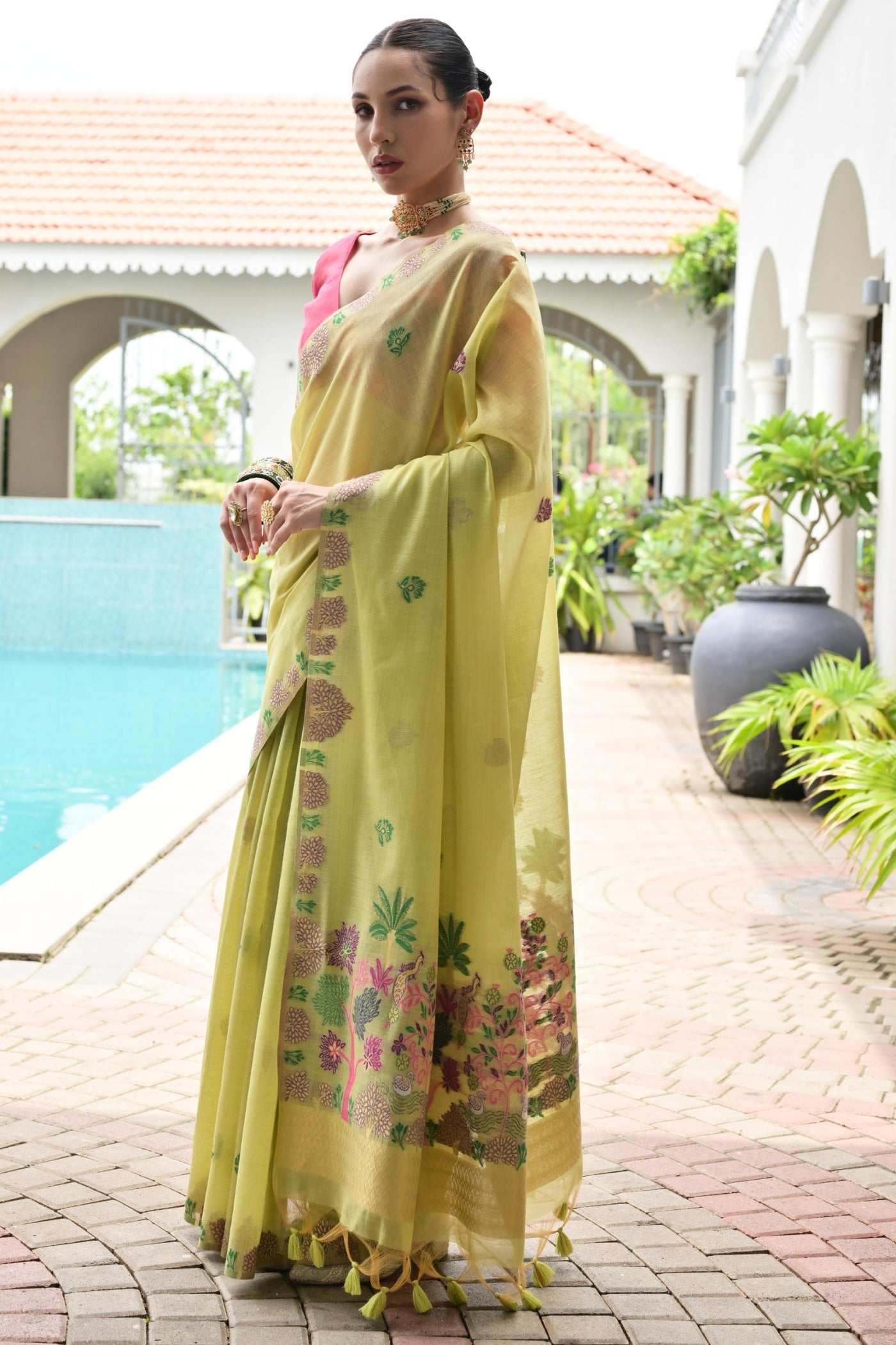 Buy MySilkLove Jad Green Woven Muga Cotton Saree Online