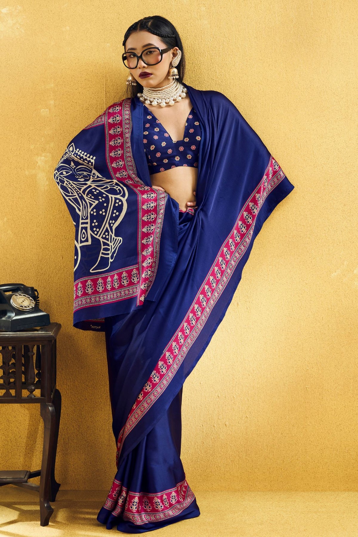 Buy MySilkLove Azure Blue Modal Ajrakh Satin Printed Silk Saree Online