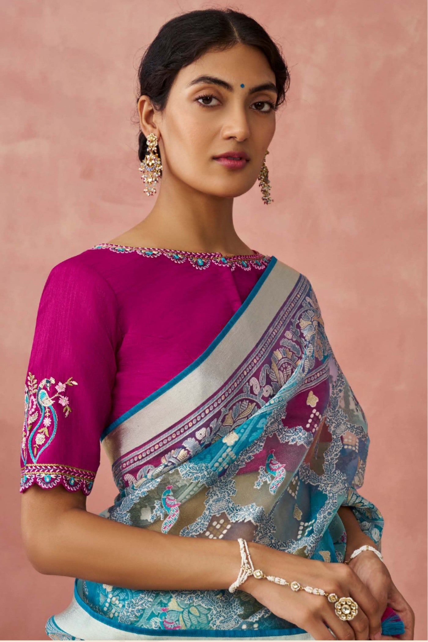 Buy MySilkLove Juniper Blue and Pink Brasso Organza Printed Saree Online