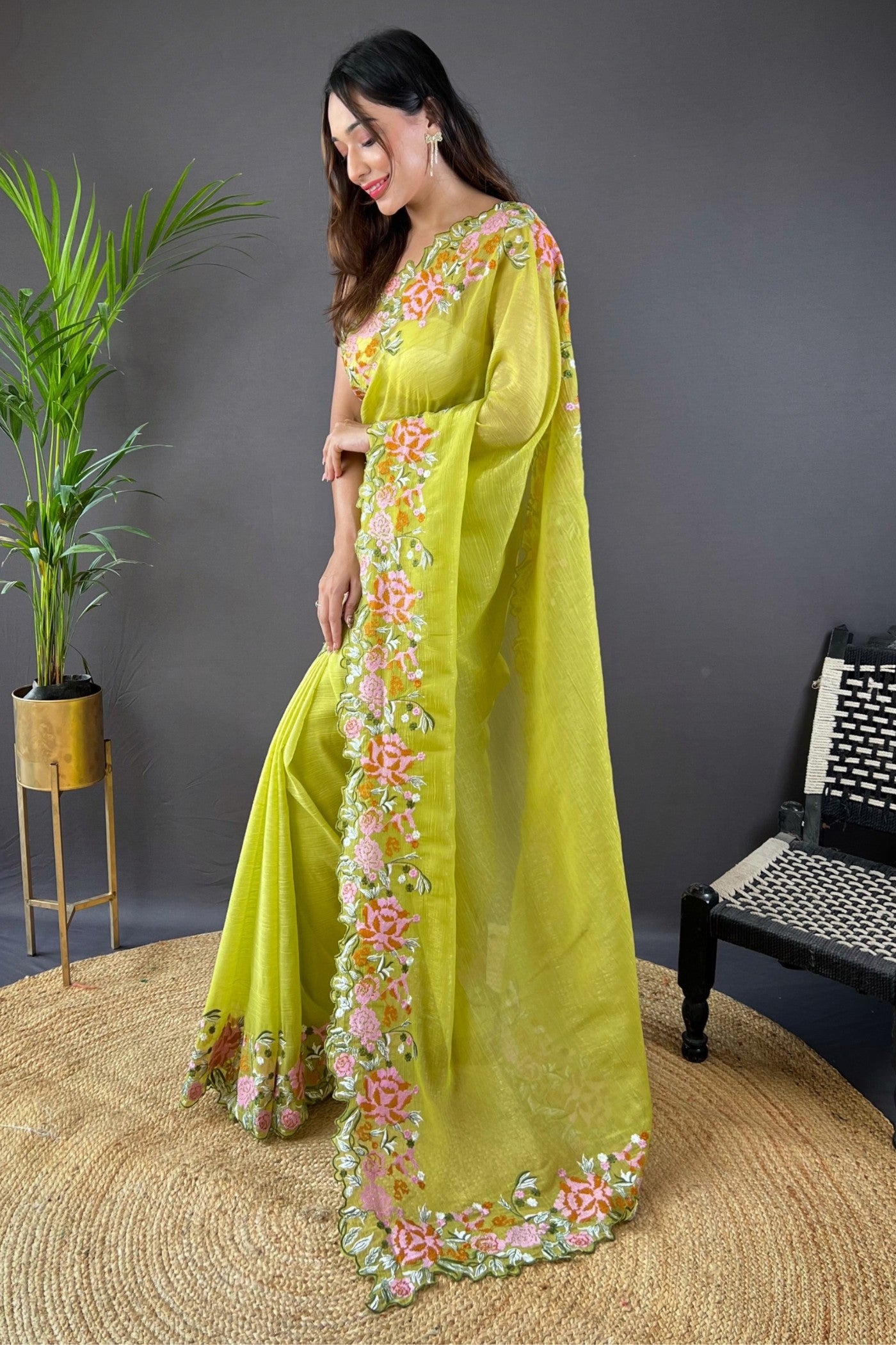 Buy MySilkLove Lwan Green Embroidered Party Wear Saree Online