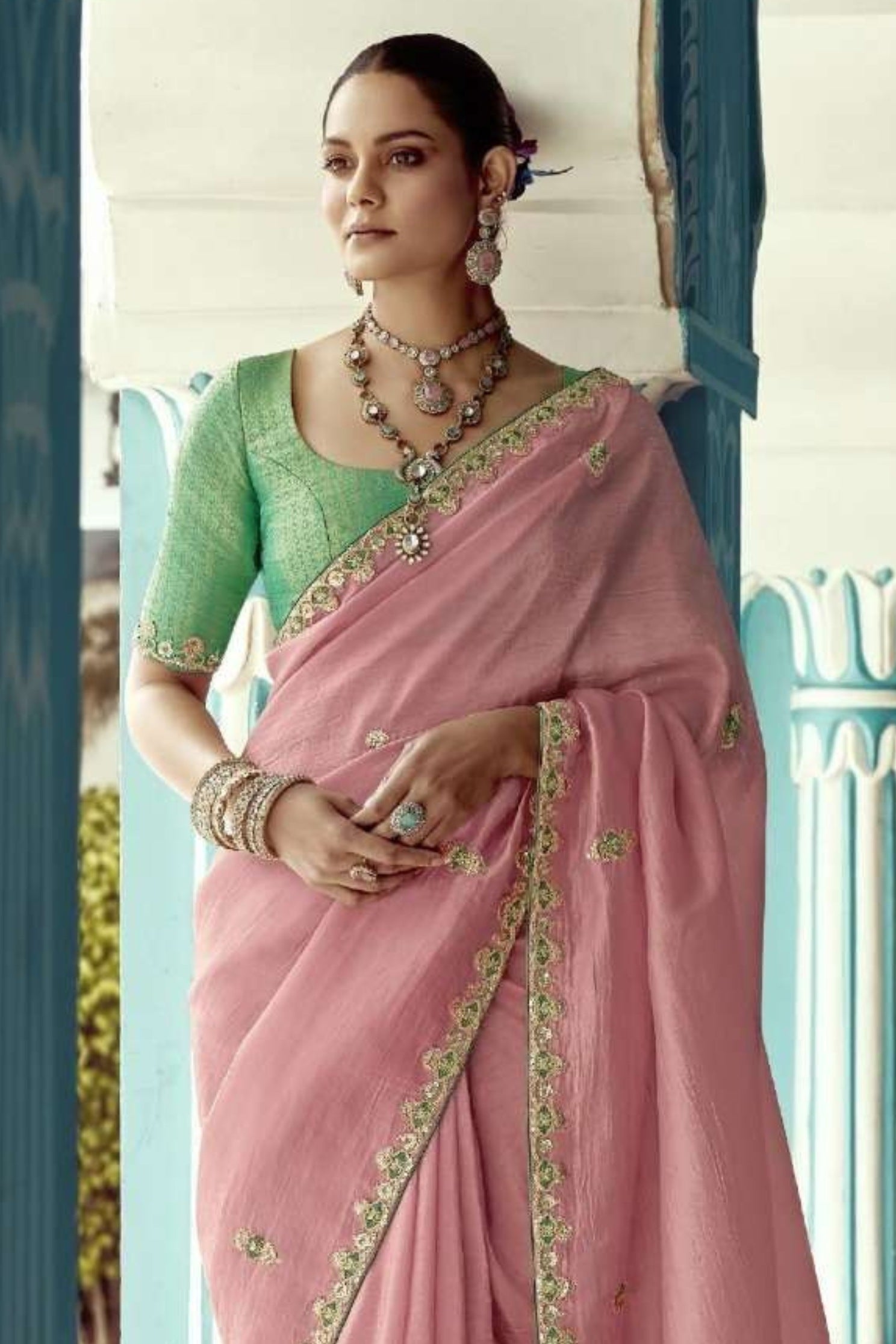 Buy MySilkLove Rosy Pink Embroidered Tissue Designer Saree Online