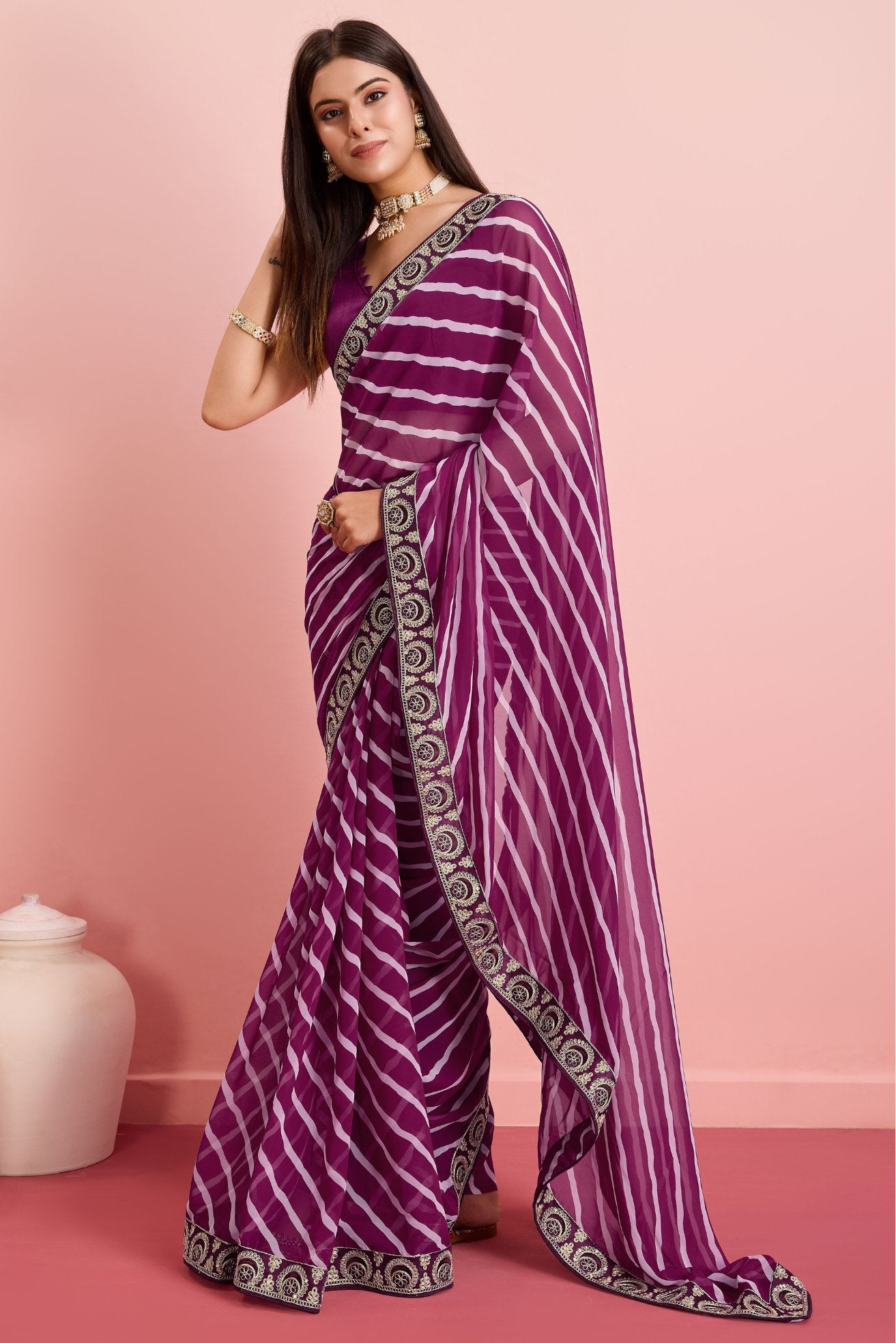 MySilkLove Claret Purple Georgette Lehriya Silk saree