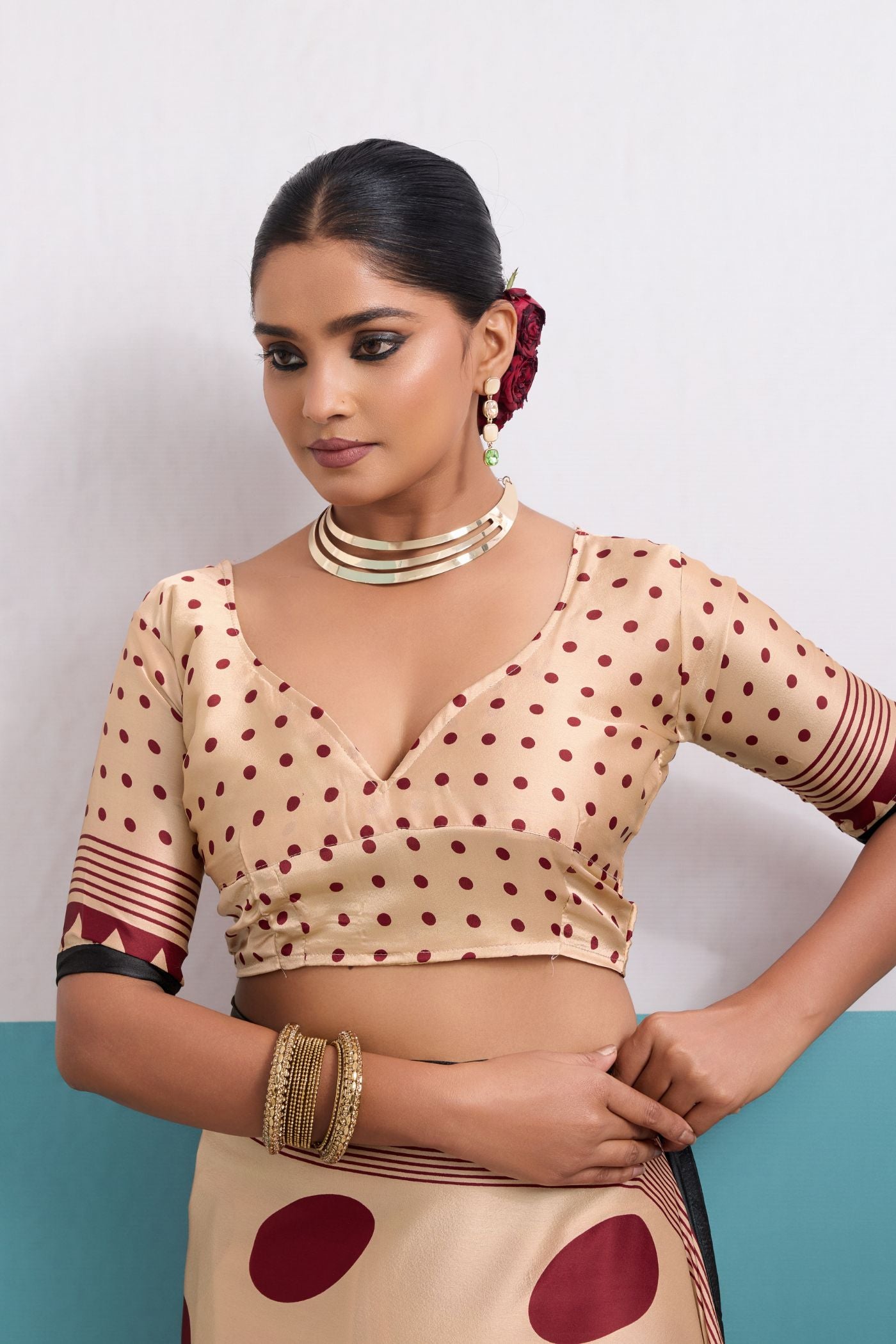 Buy MySilkLove Nectar Cream Polka Dots Satin Crepe Saree Online