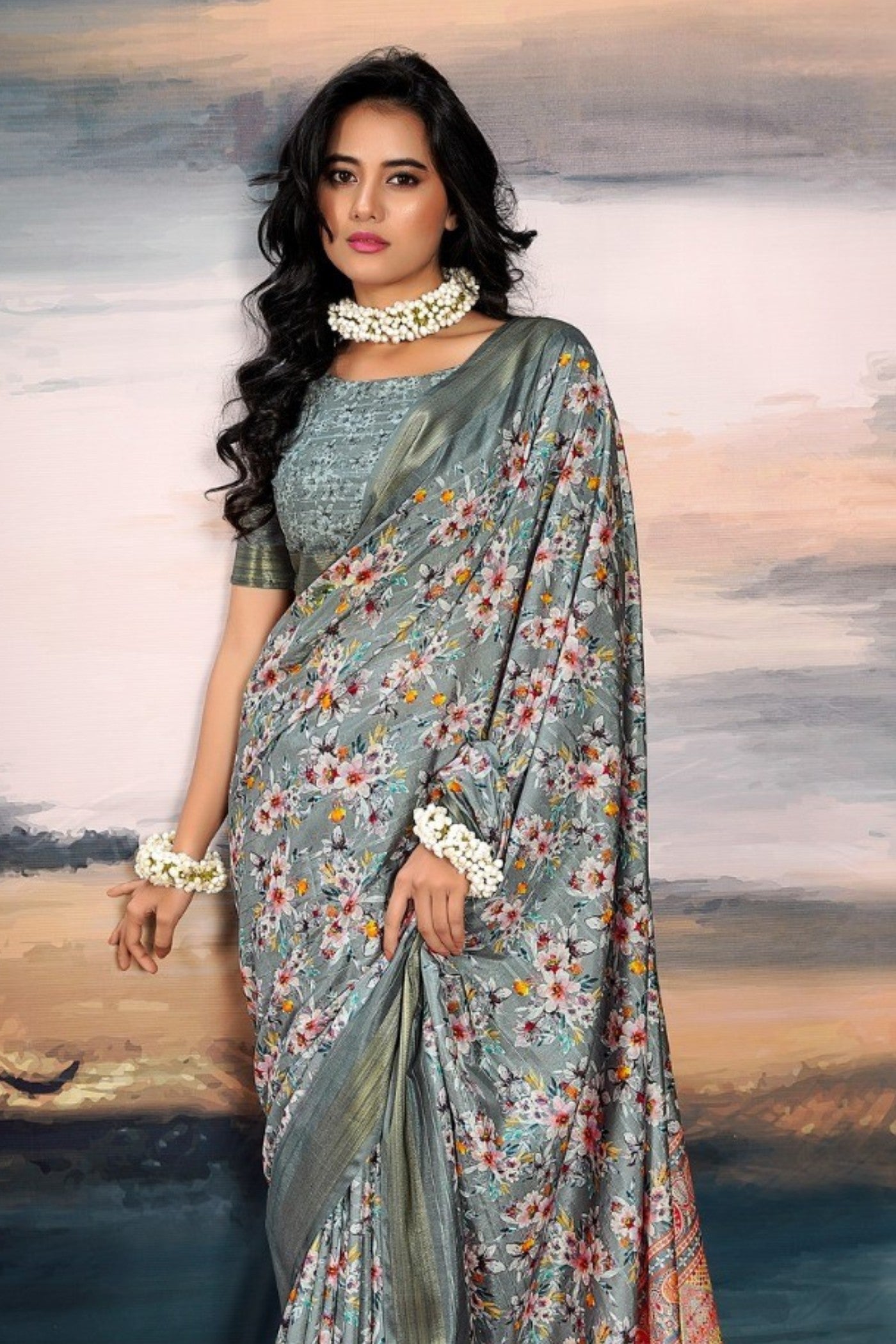 MySilkLove Pale Sky Grey Digital Printed Cotton Saree