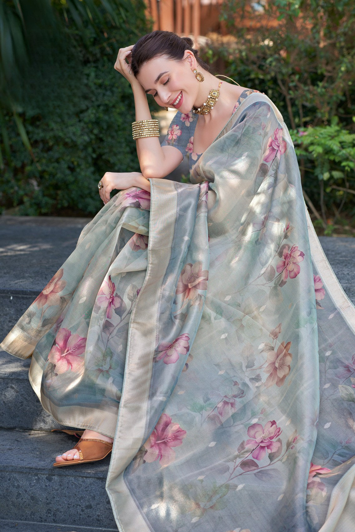 MySilkLove Venus Grey Digital Printed Organza Saree