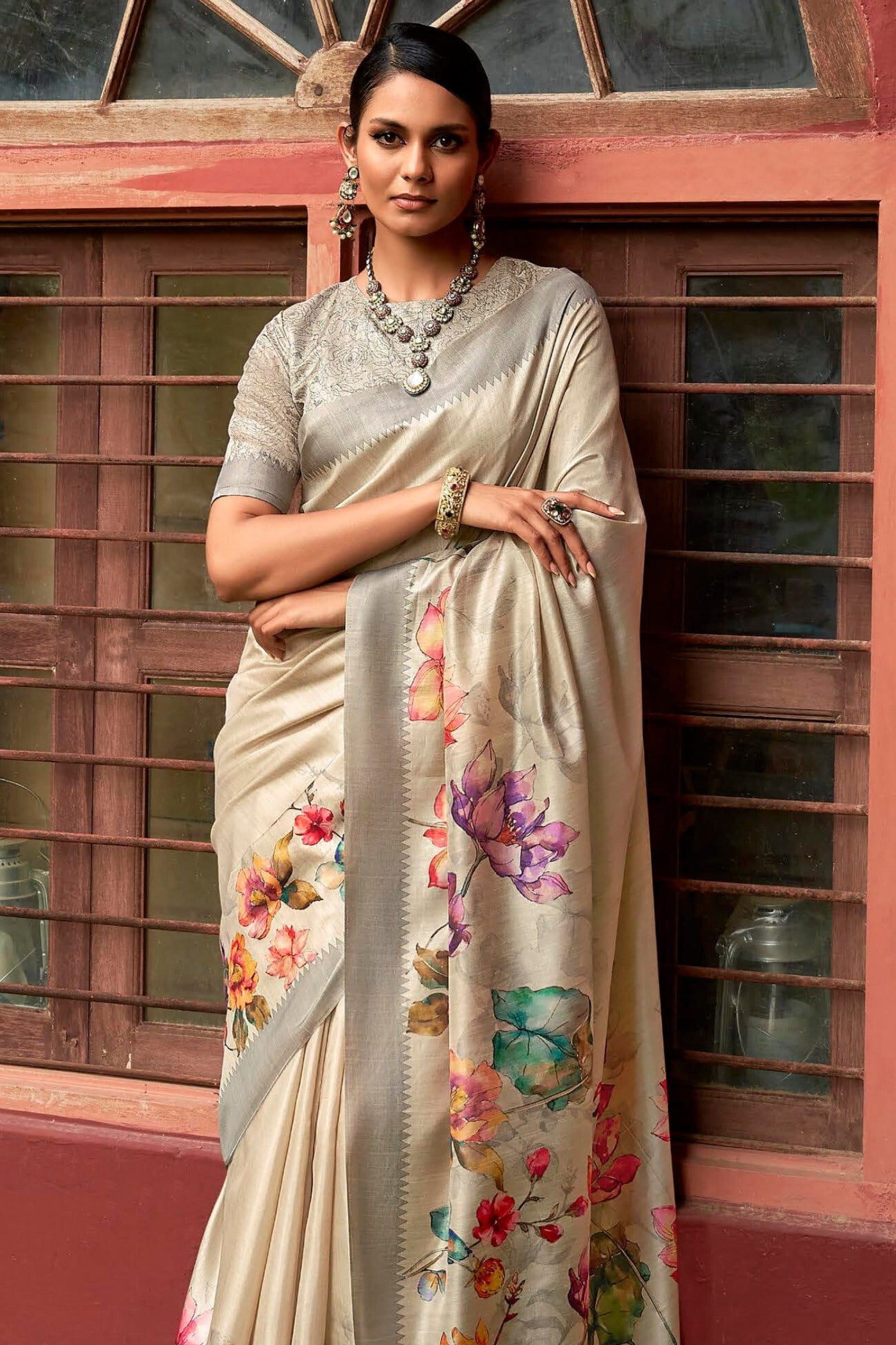 Buy MySilkLove Akaroa Cream Digital Printed Banarasi Saree Online