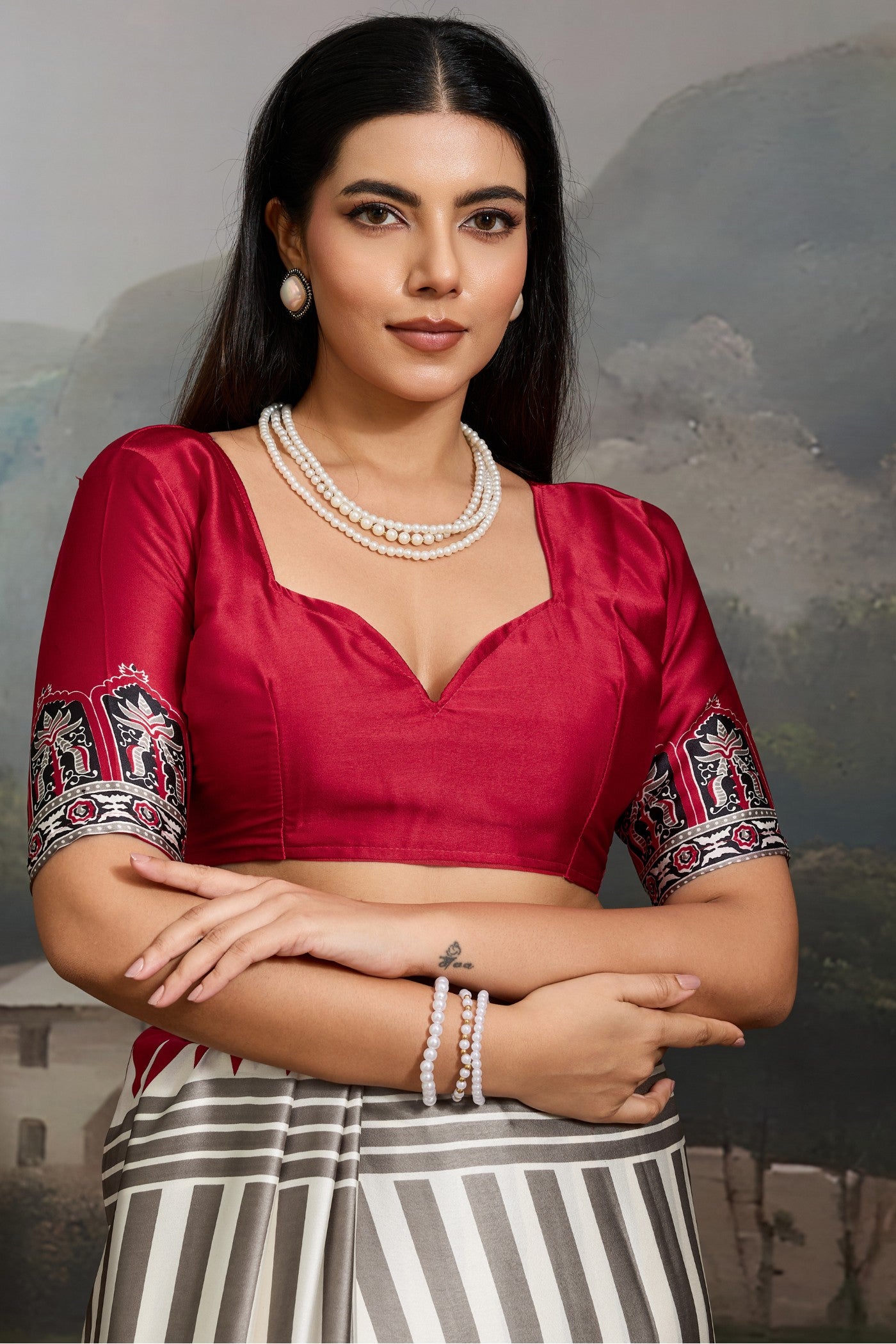 Buy MySilkLove Honeydew White and Red Ajrakh Printed Satin Crepe Silk Saree Online