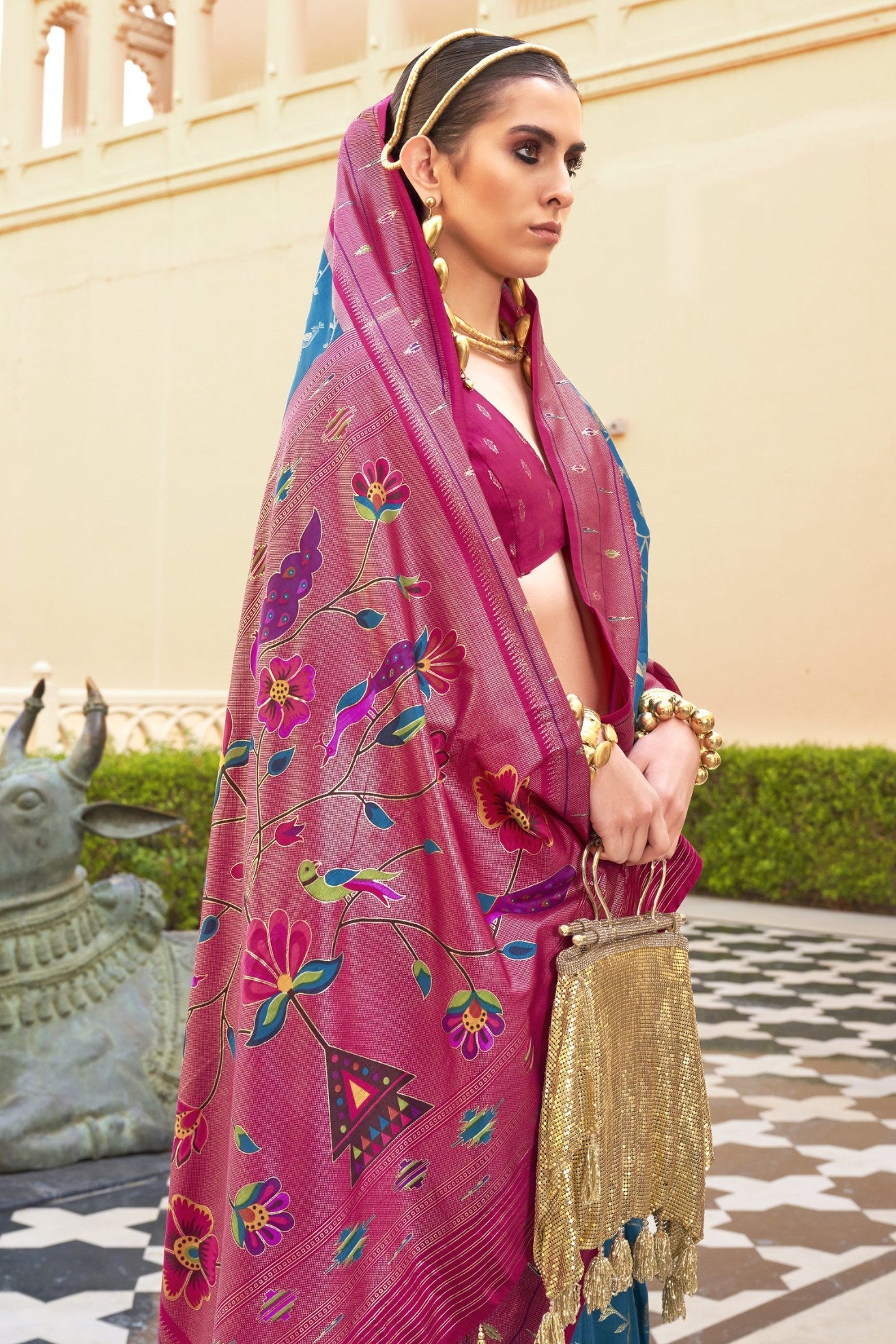 Buy MySilkLove Boston Blue and Pink Woven Paithani Designer Saree Online