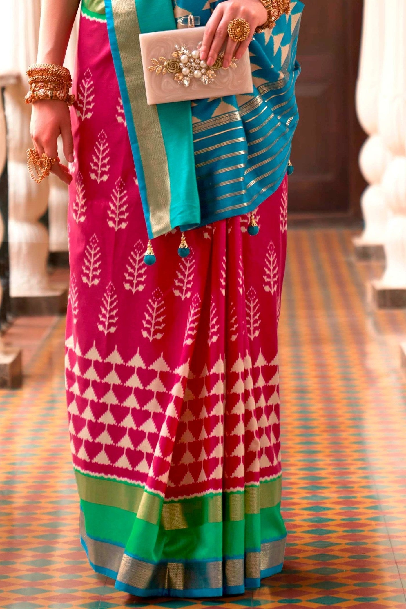 Buy MySilkLove Petal Pink and Blue Printed Patola Saree Online