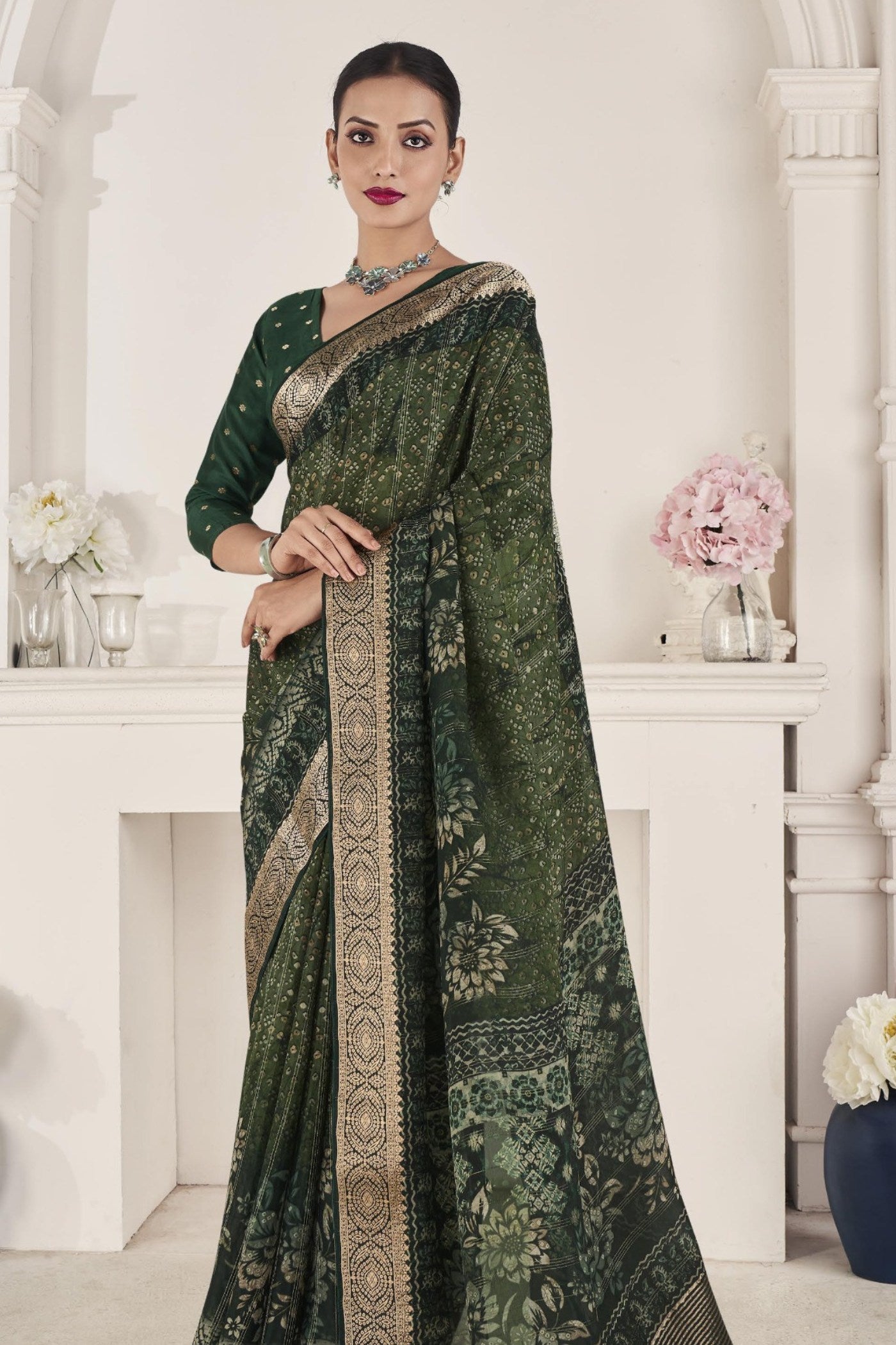 Buy MySilkLove Rangitoto Green Banarasi Silk Saree Online