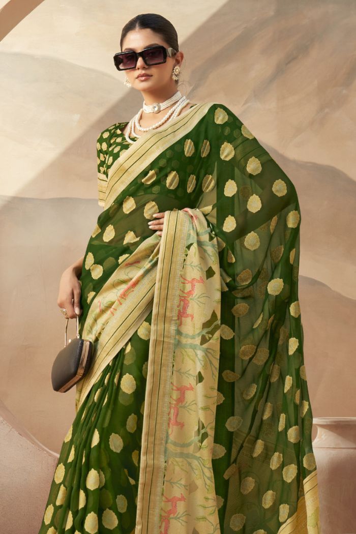 Buy MySilkLove Clover Green Woven Georgette saree Online