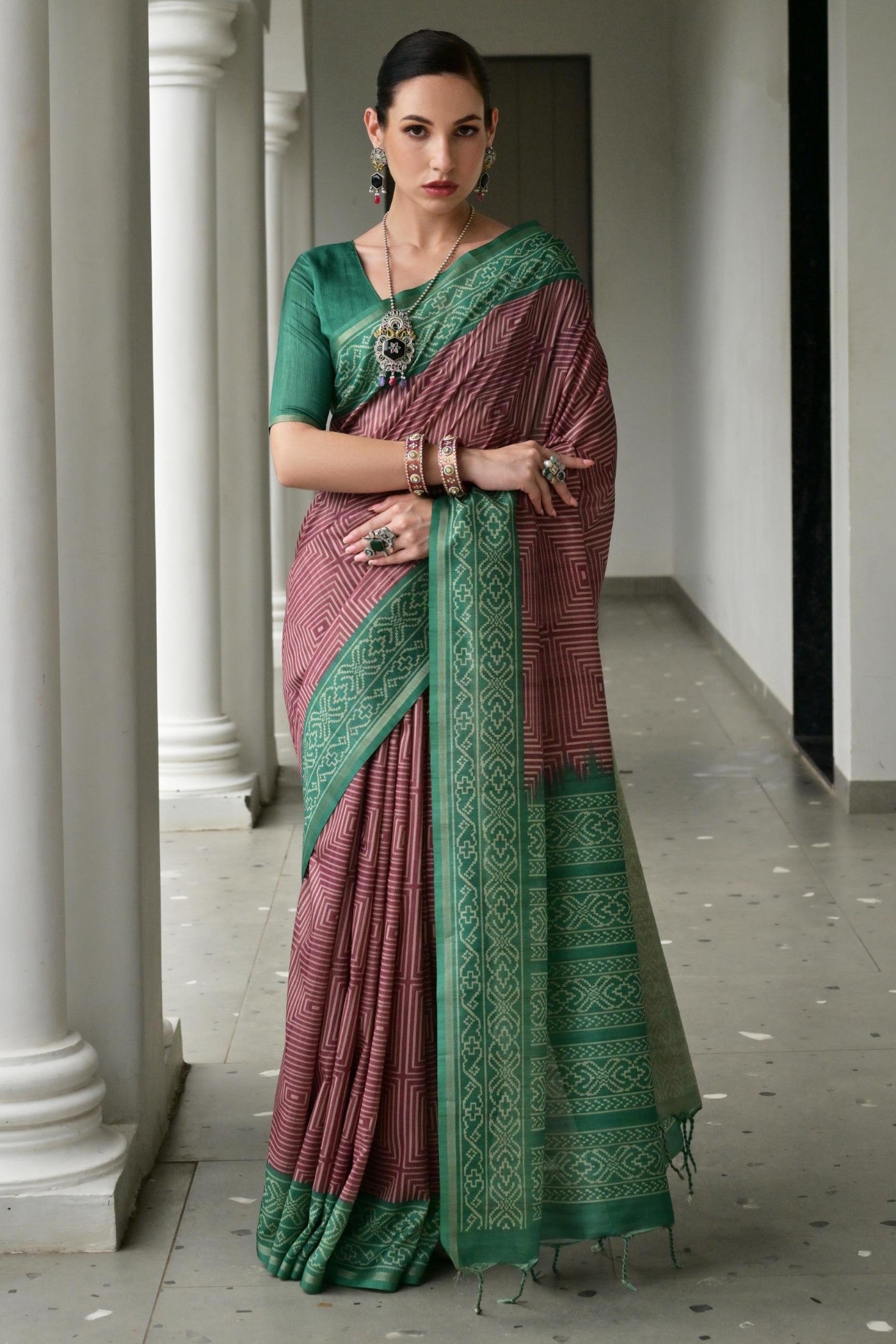 Buy MySilkLove Eggplant Purple and Green Printed Tussar Silk Saree Online