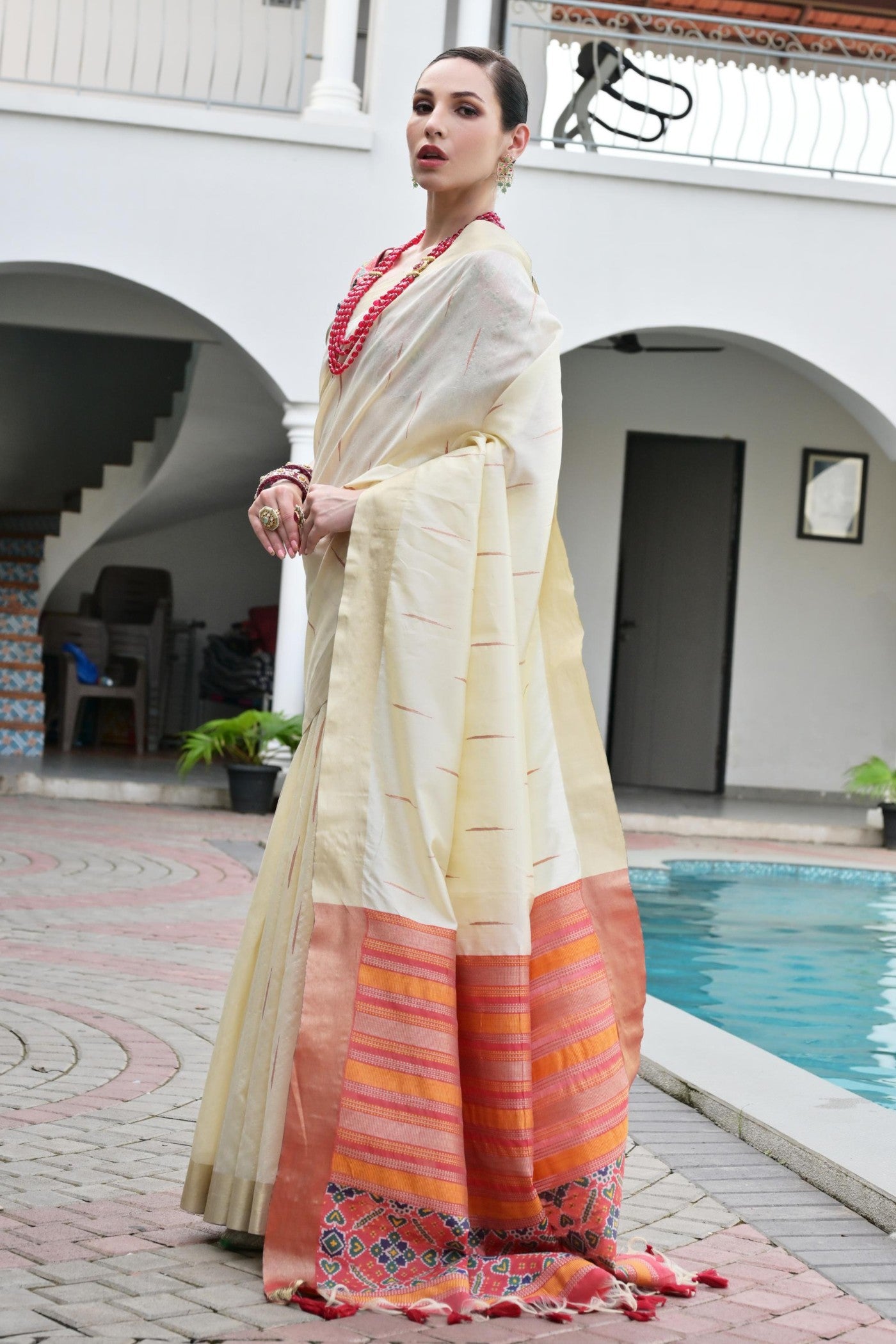 Buy MySilkLove Pearl White Meenakari Woven Patola Saree Online