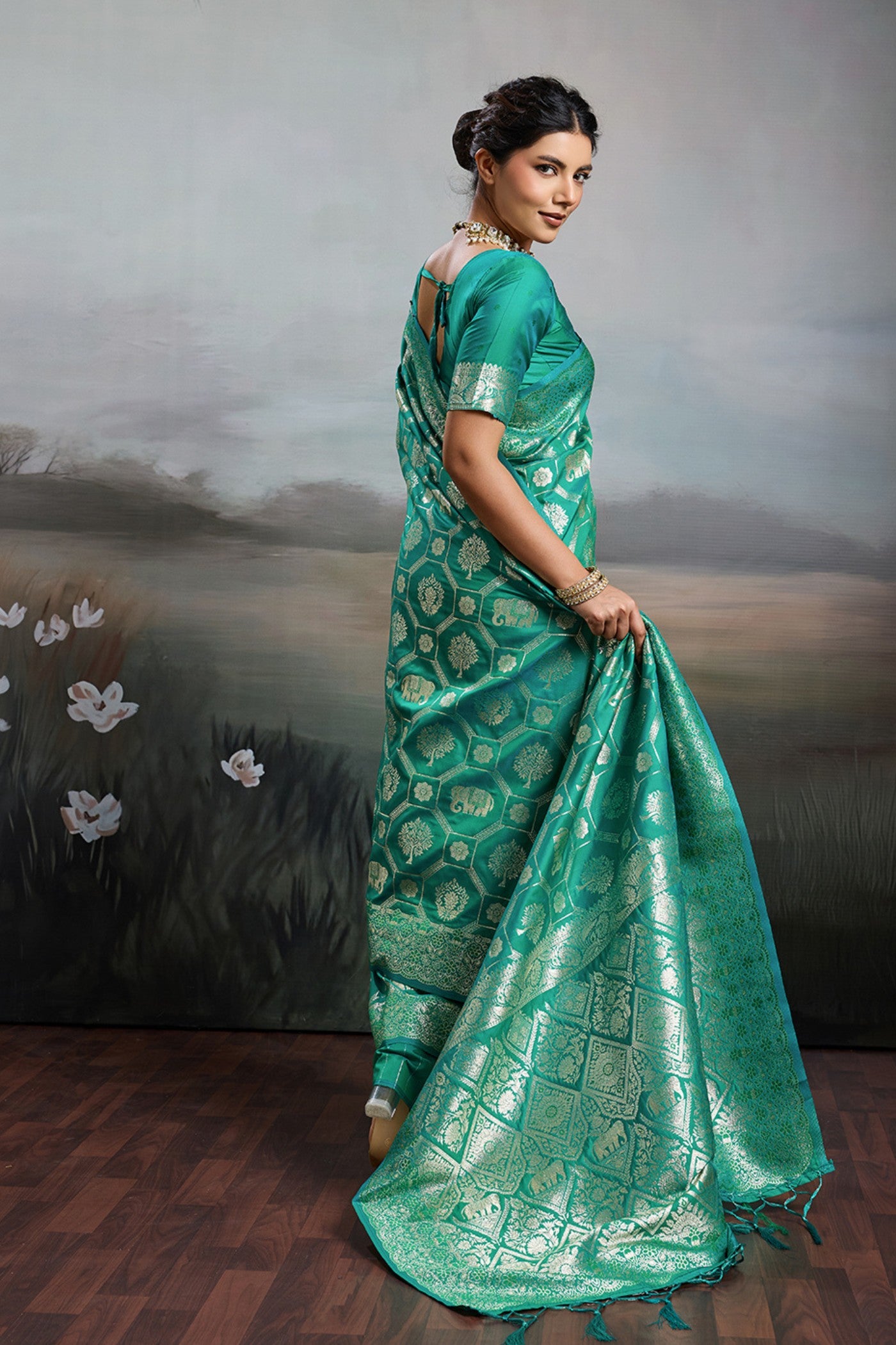 Buy MySilkLove Myrtle Green Woven Banarasi Soft Silk Saree Online