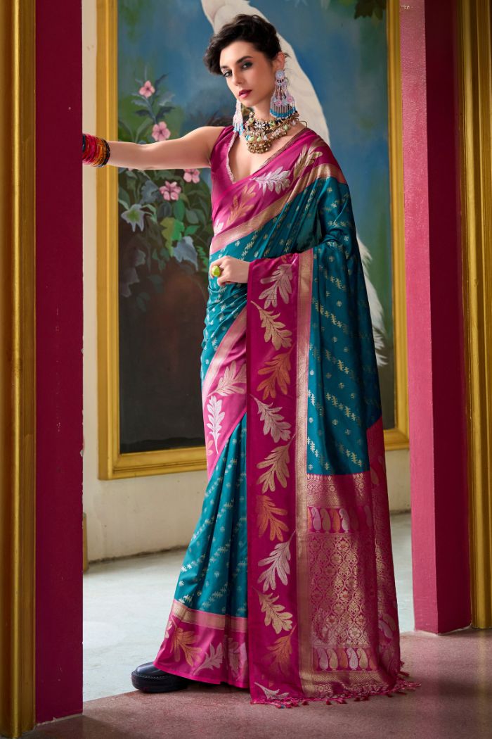 Buy MySilkLove Tarawera Blue and Pink Banarasi Soft Silk Saree Online