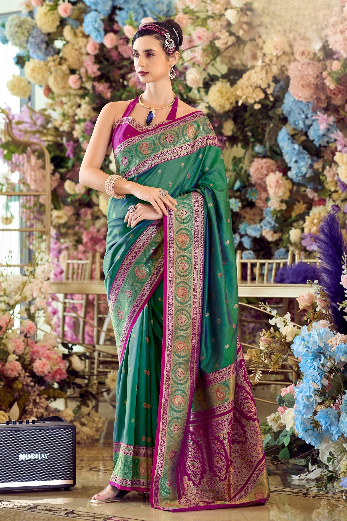 Buy MySilkLove Goblin Green Woven Banarasi Soft Silk Saree Online